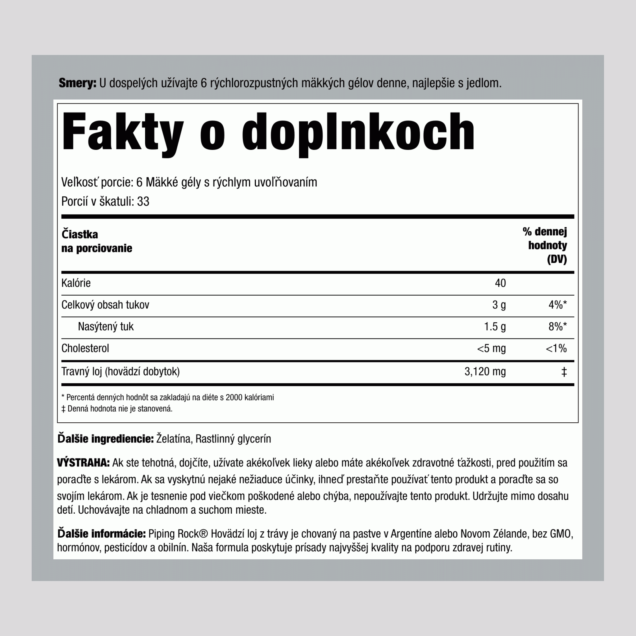 Tuk z trávnatého hovädzieho dobytka, 3120 mg (na porciu), 200 mäkkých kapsúl