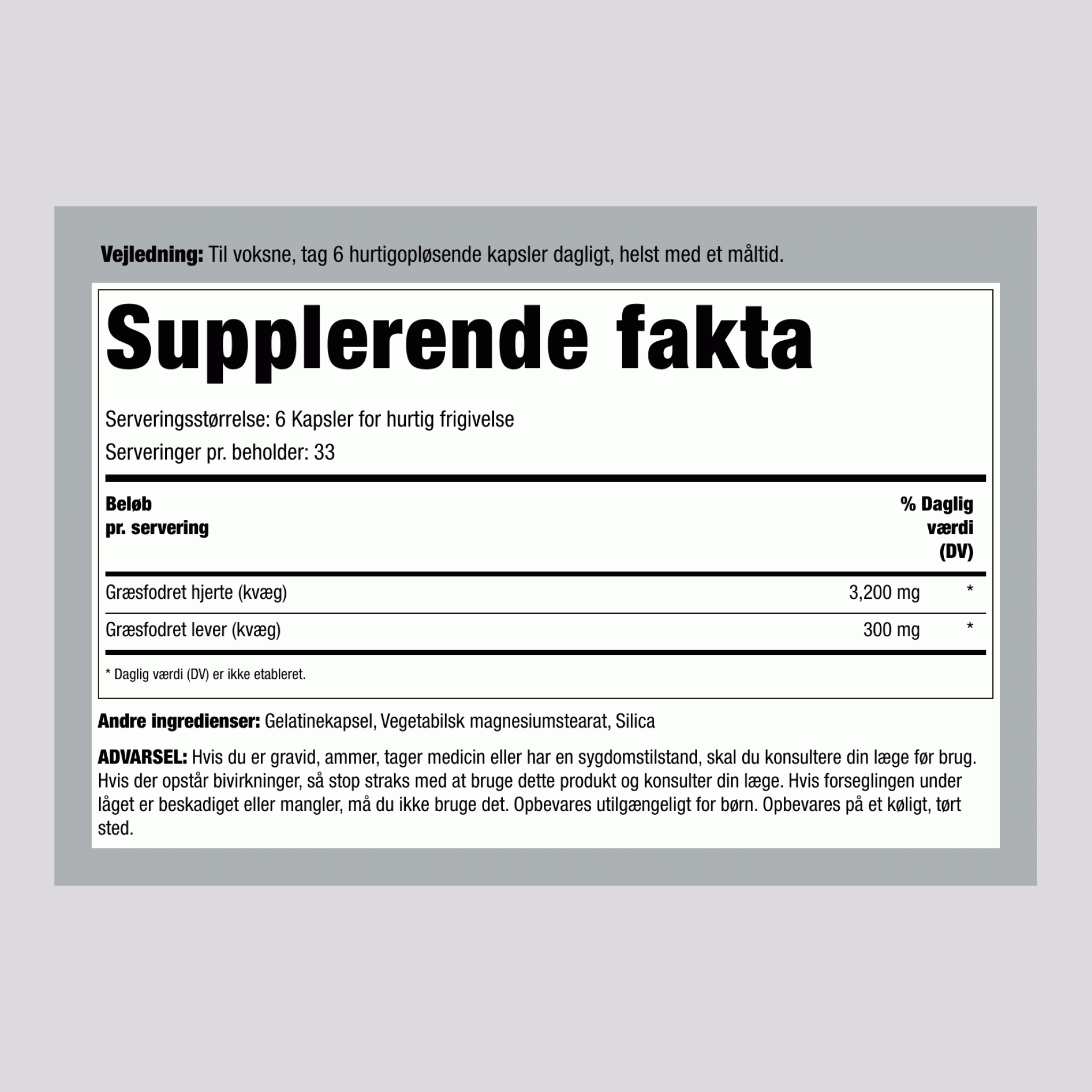Græsfodret oksehjerte, 3200 mg (pr. servering), 200 kapsler