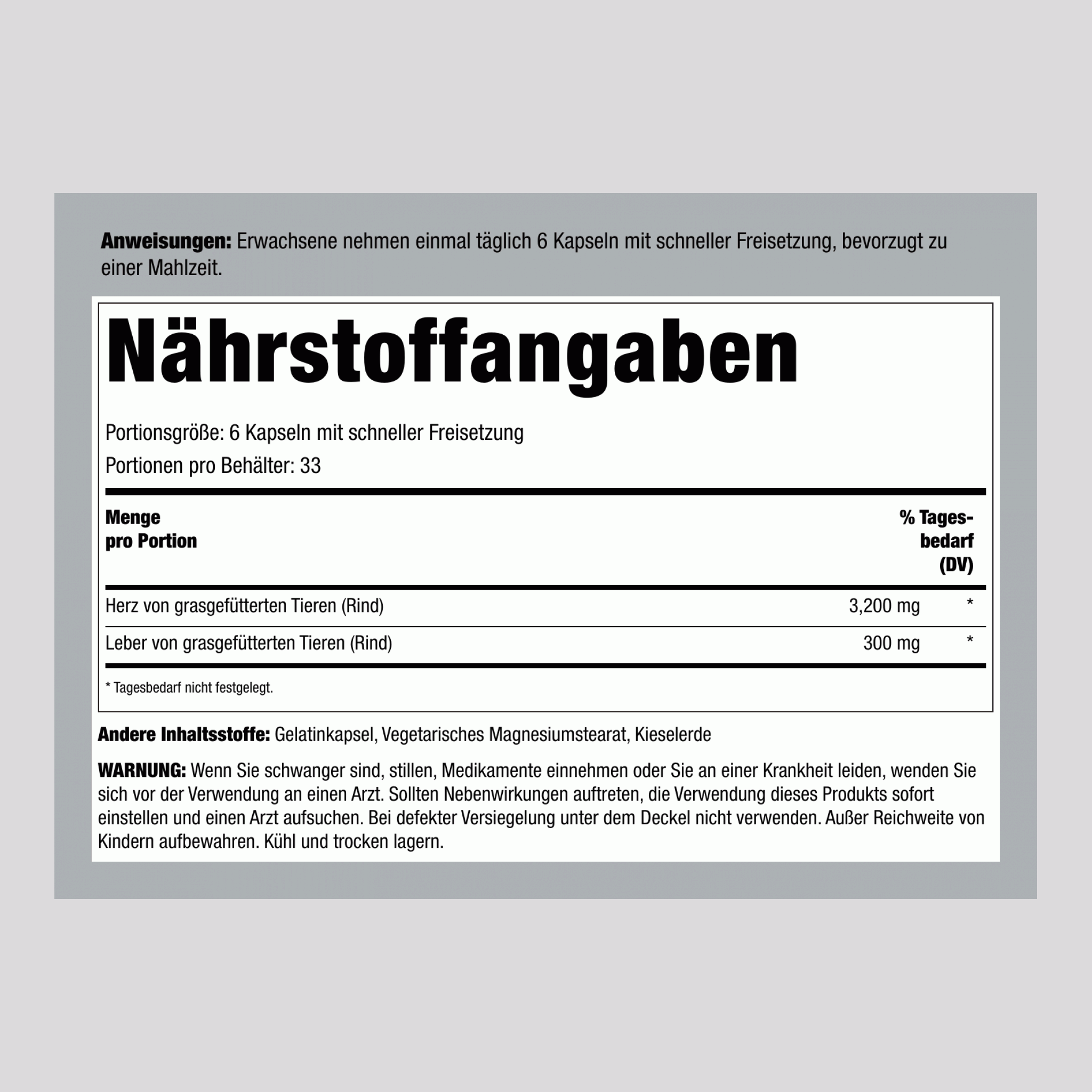 Grasgefüttertes Rinderherz, 3200 mg (pro Portion), 200 Kapseln