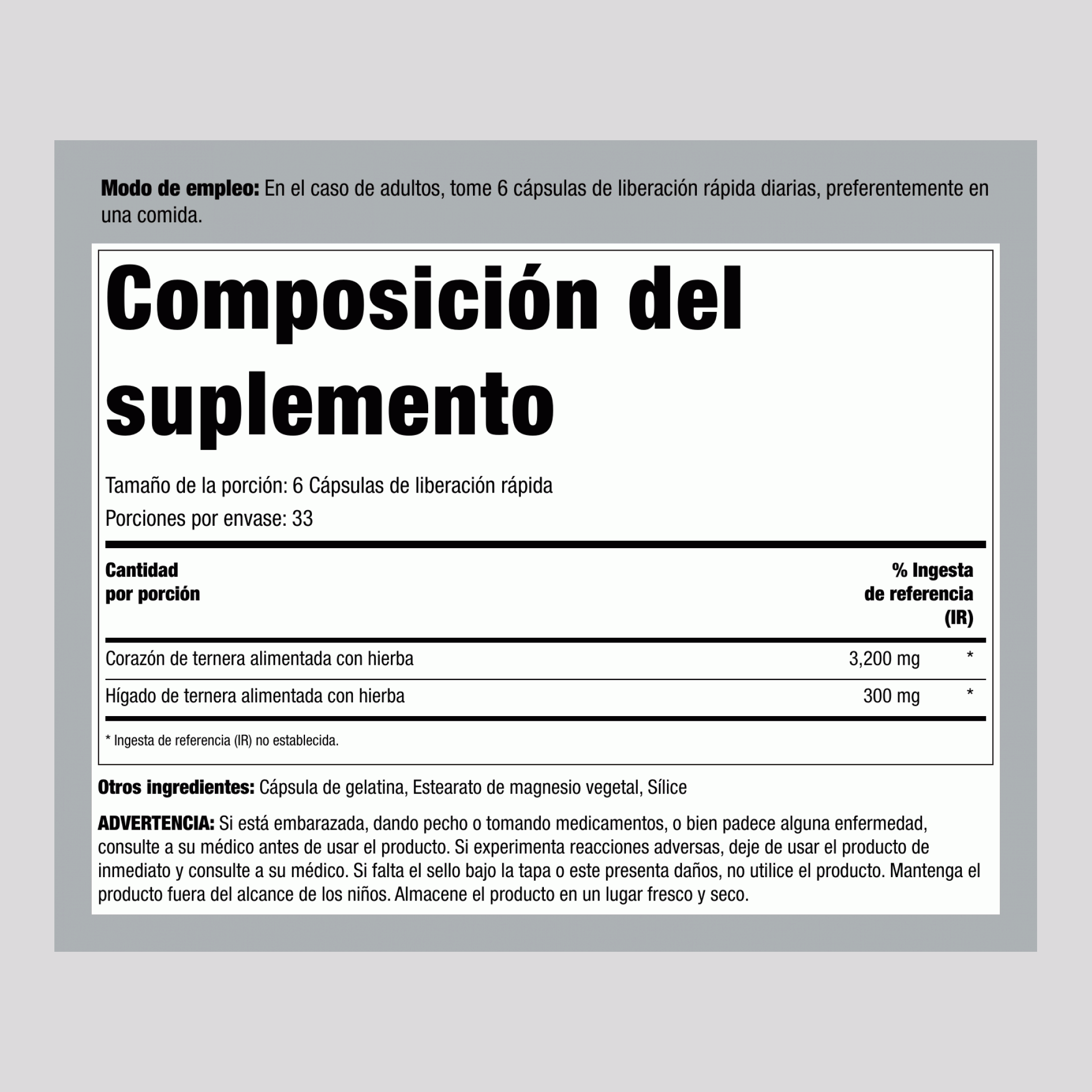 Corazón de Res Alimentado con Pasto, 3200 mg (por porción), 200 Cápsulas
