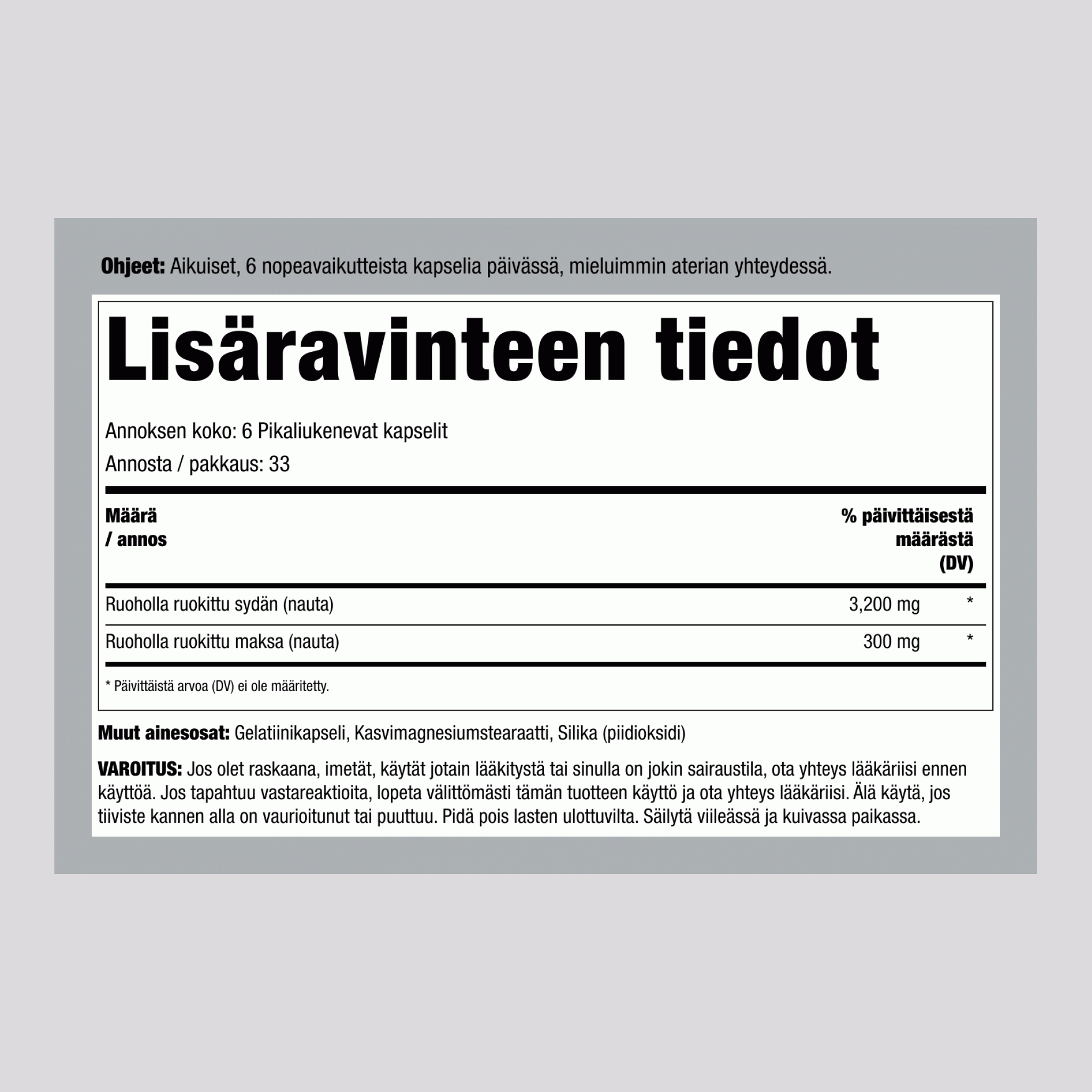 Ruohoruokittu naudan sydän, 3200 mg (annosta kohden), 200 kapselia