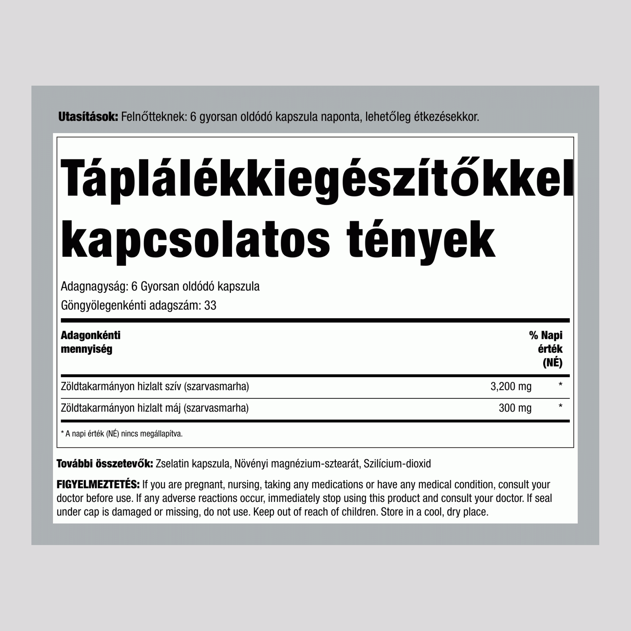 Szabad tartású marhaszív, 3200 mg (adagonként), 200 kapszula