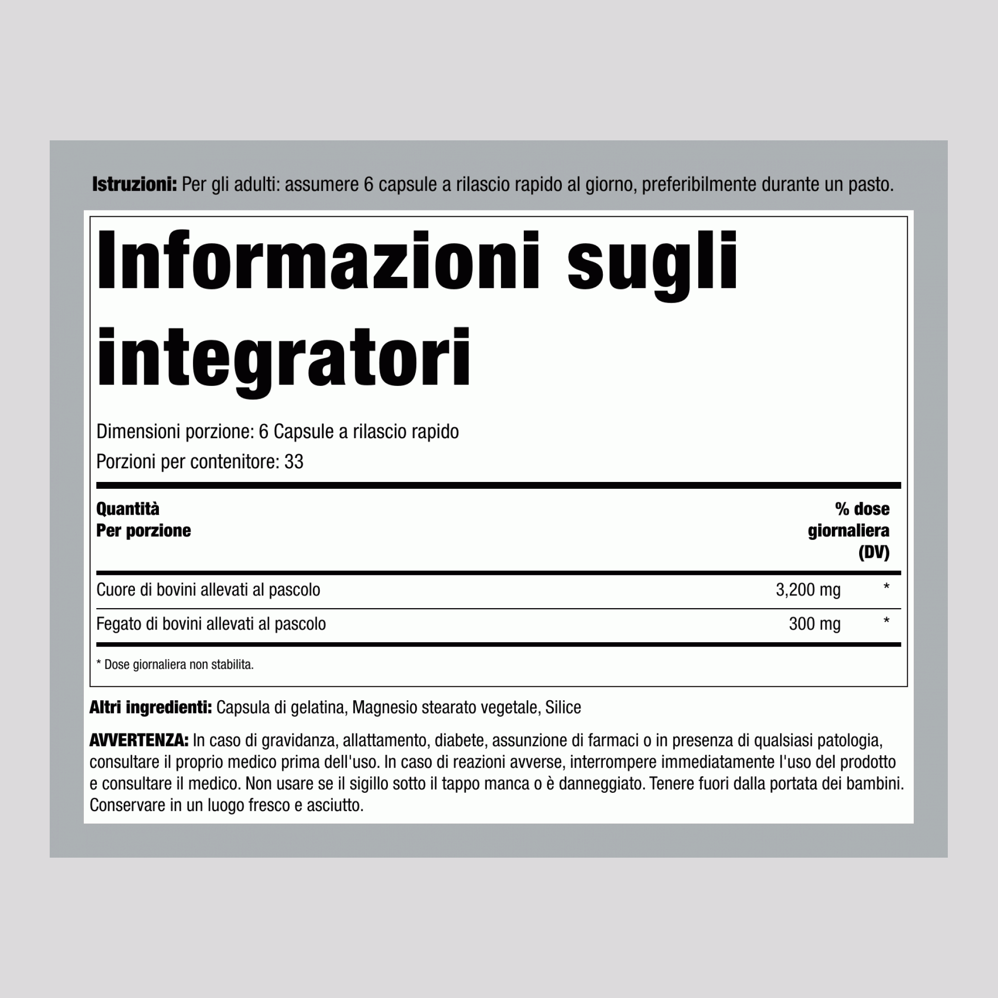 Cuore di manzo allevato al pascolo, 3200 mg (per porzione), 200 capsule