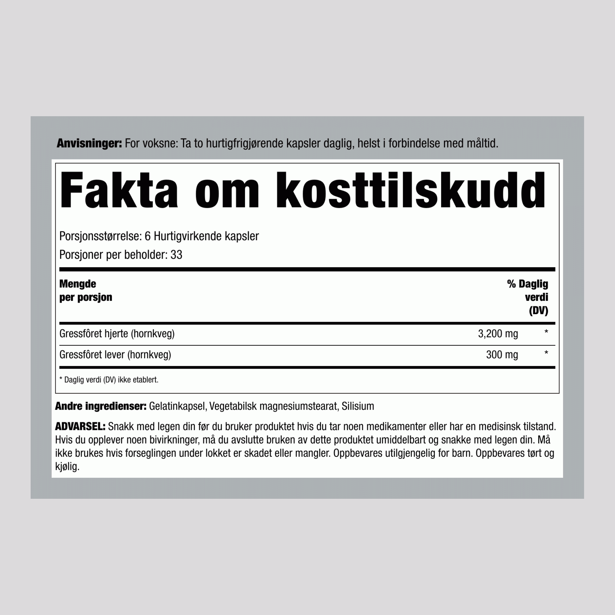 Gressforet biffhjerte, 3200 mg (per porsjon), 200 kapsler