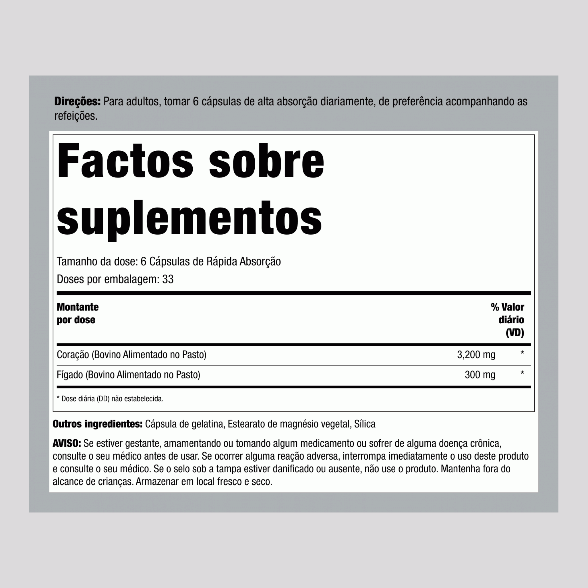 Coração de Carne Bovina Alimentada com Capim, 3200 mg (por porção), 200 Cápsulas