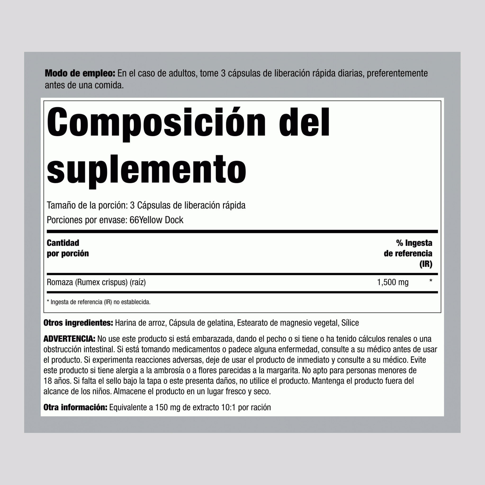 Yellow Dock Root, 1500 mg (per serving), 200 Quick Release Capsules