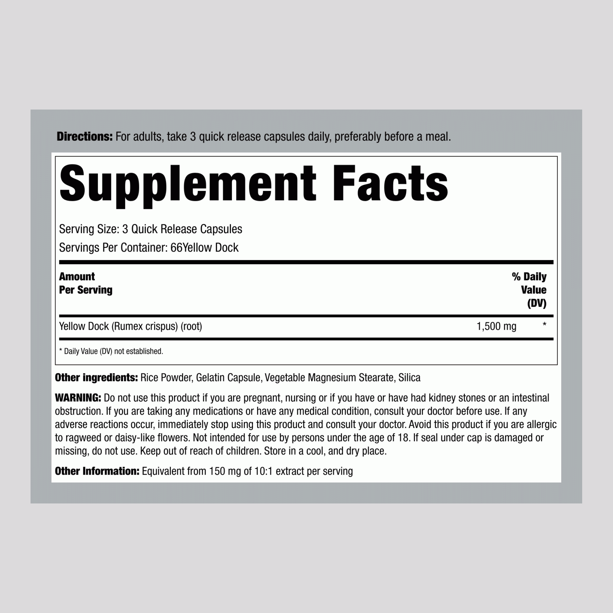 Yellow Dock Root, 1500 mg (per serving), 200 Quick Release Capsules