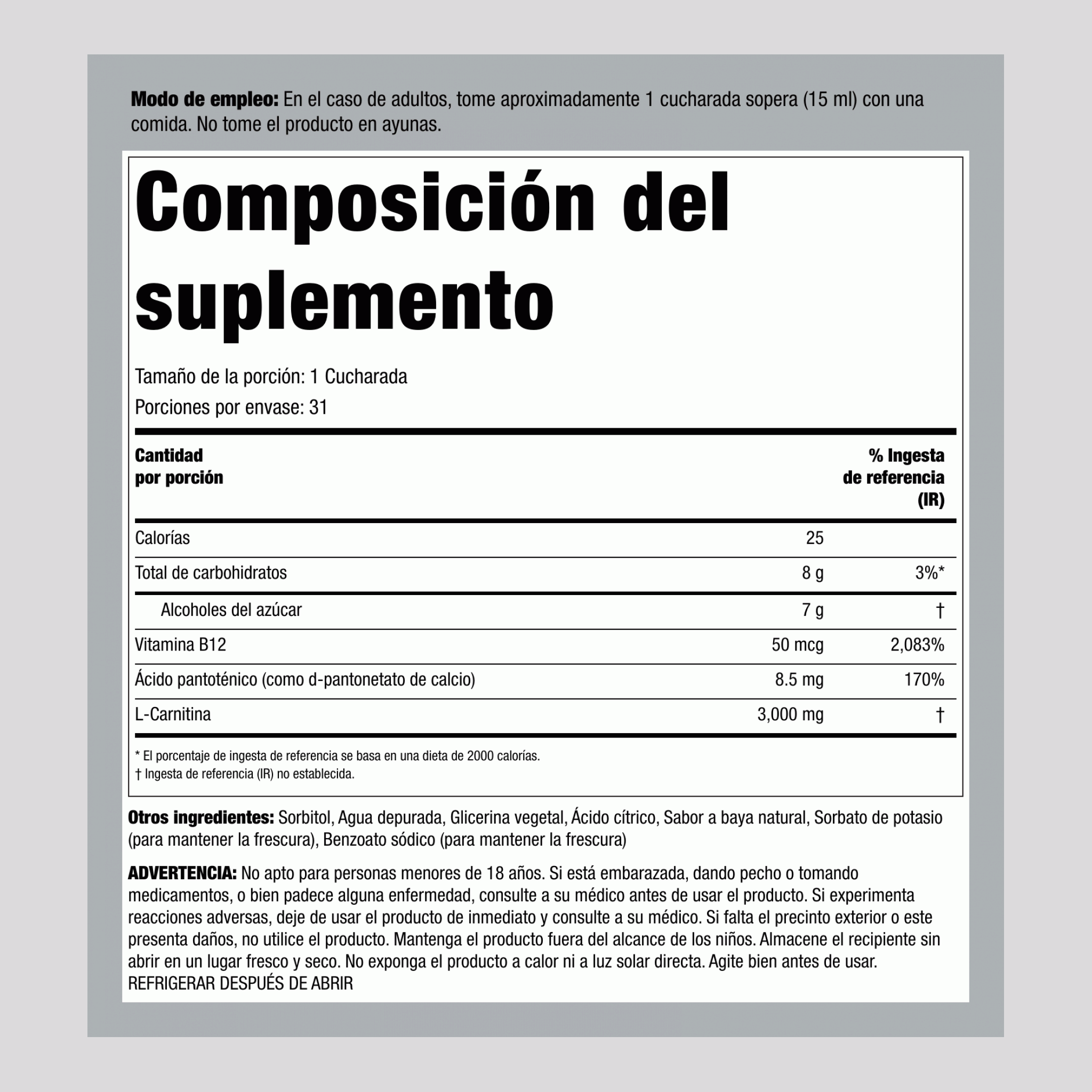 L-Carnitina Líquida (Bayas), 3000 mg (por porción), Botella de 16 fl oz (473 mL)