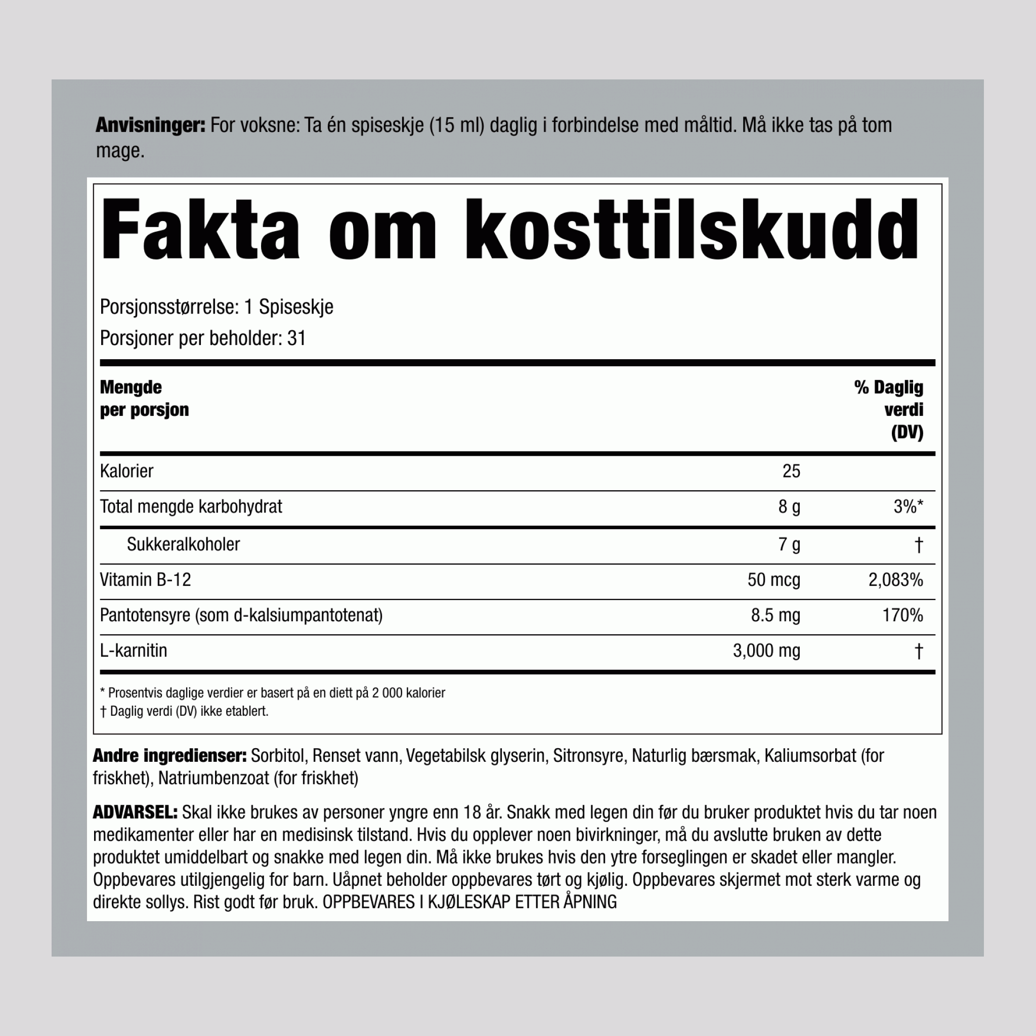 Flytende L-Carnitine (Bær), 3000 mg (per porsjon), 16 fl oz (473 mL) Flaske