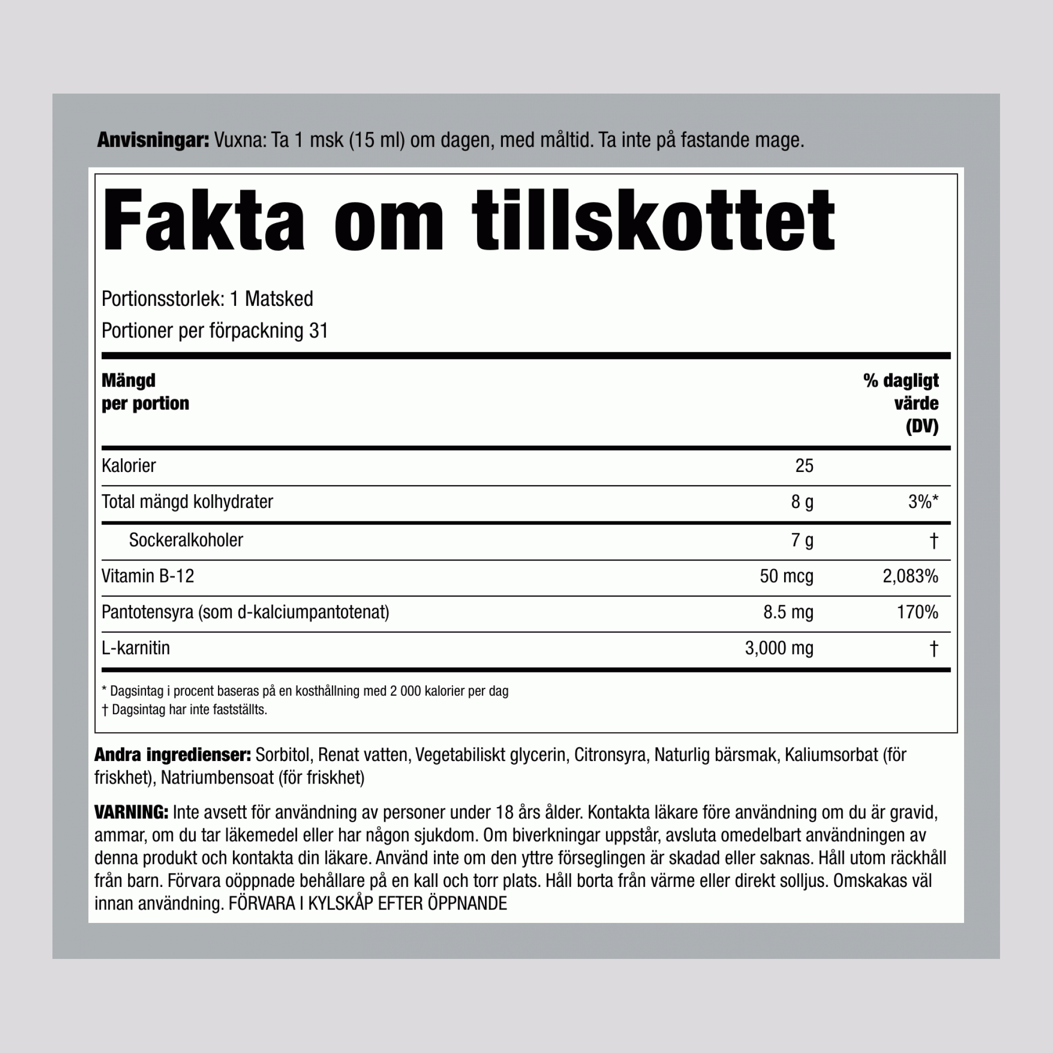 Flytande L-Karnitin (Bär), 3000 mg (per portion), 16 fl oz (473 mL) Flaska