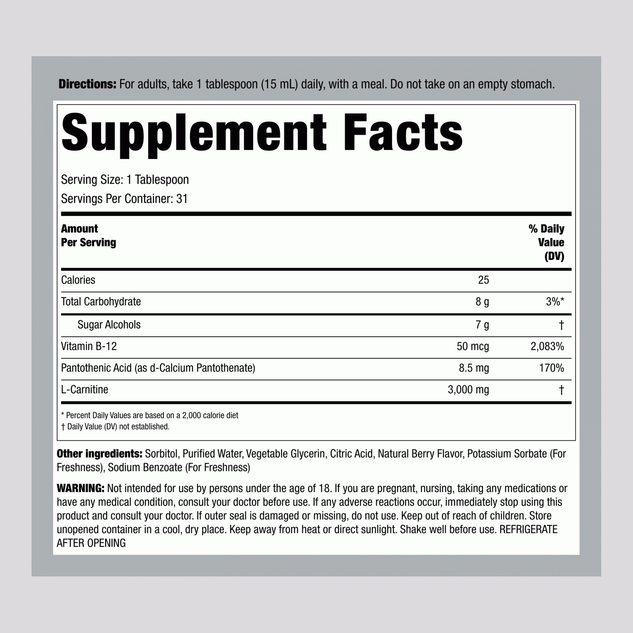 液體左旋肉鹼（莓果味），3000 毫克（每份），16 液盎司（473 毫升）瓶