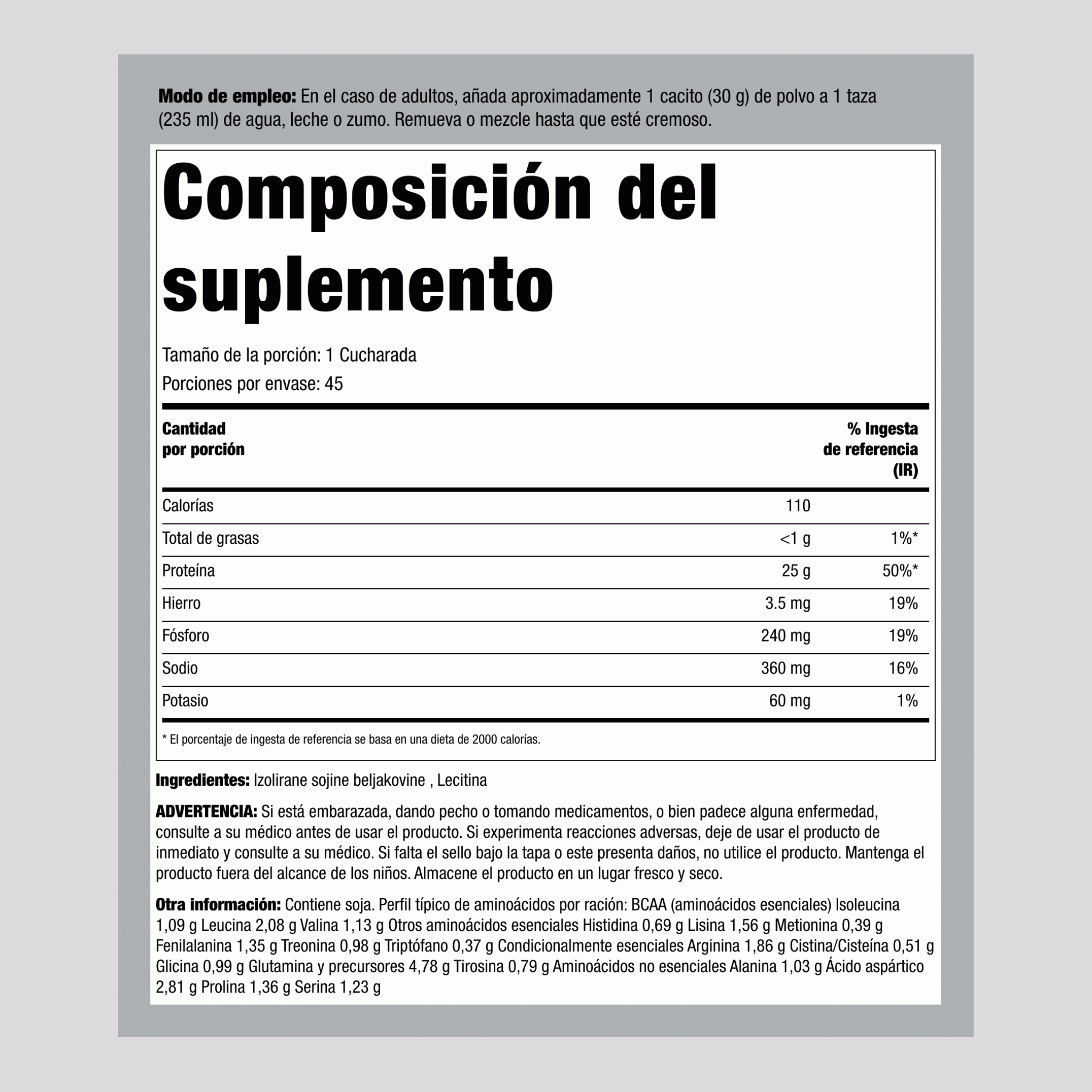 Proteína de Soya en Polvo Aislada sin Sabor, Botella de 3 lb (1.362 kg)