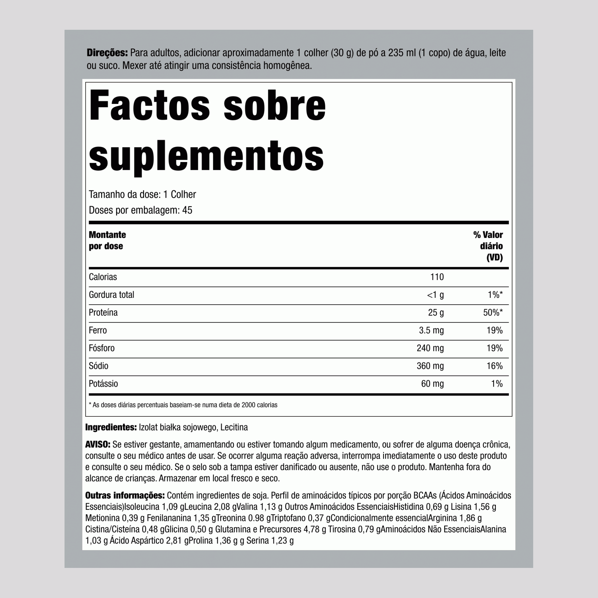 Pó de Isolado de Proteína de Soja Sem Sabor, Garrafa de 3 lb (1,362 kg)