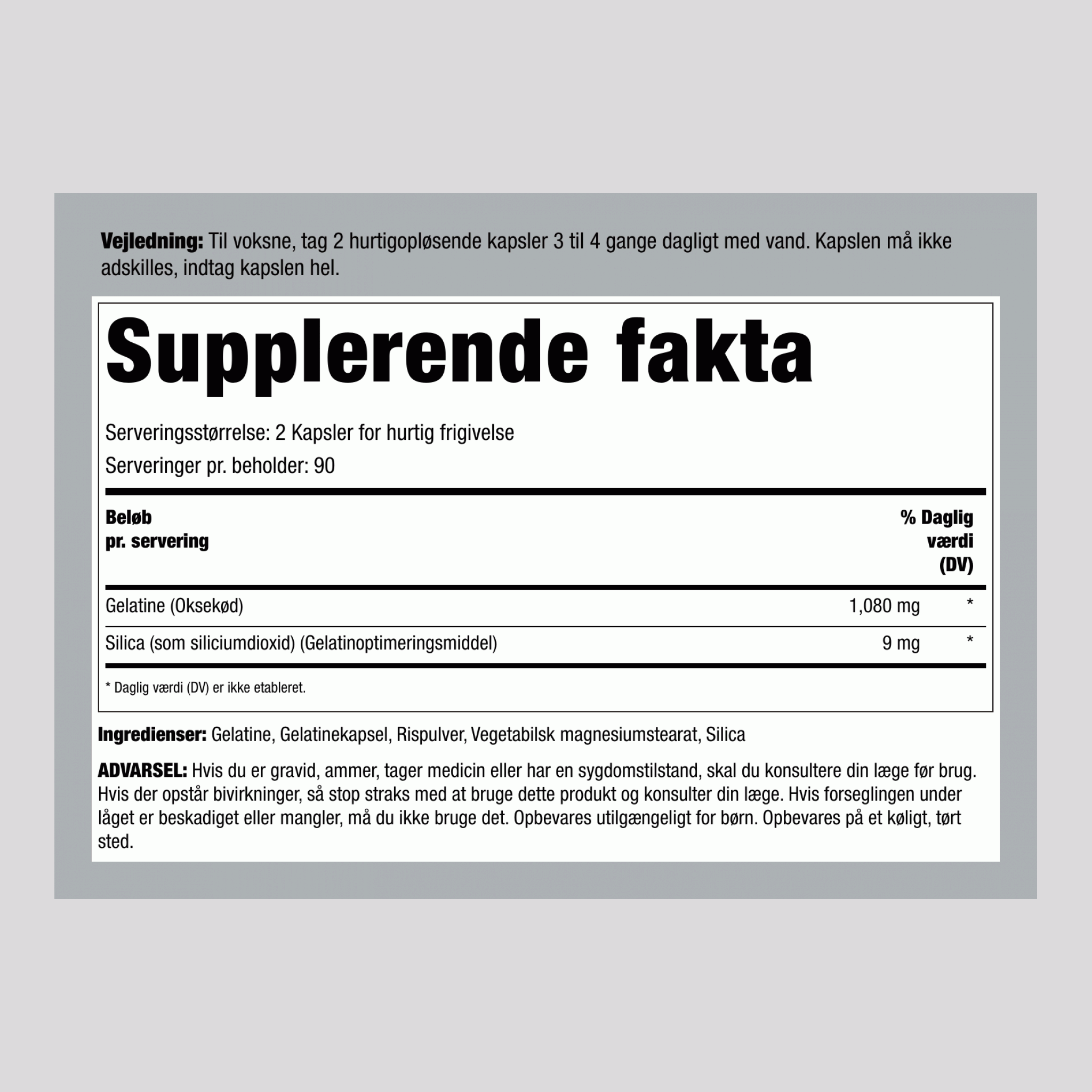 Gelatine (Okse) plus Silica Optimizer, 2.160 mg (pr. portion), 250 Hurtigudløsningskapsler