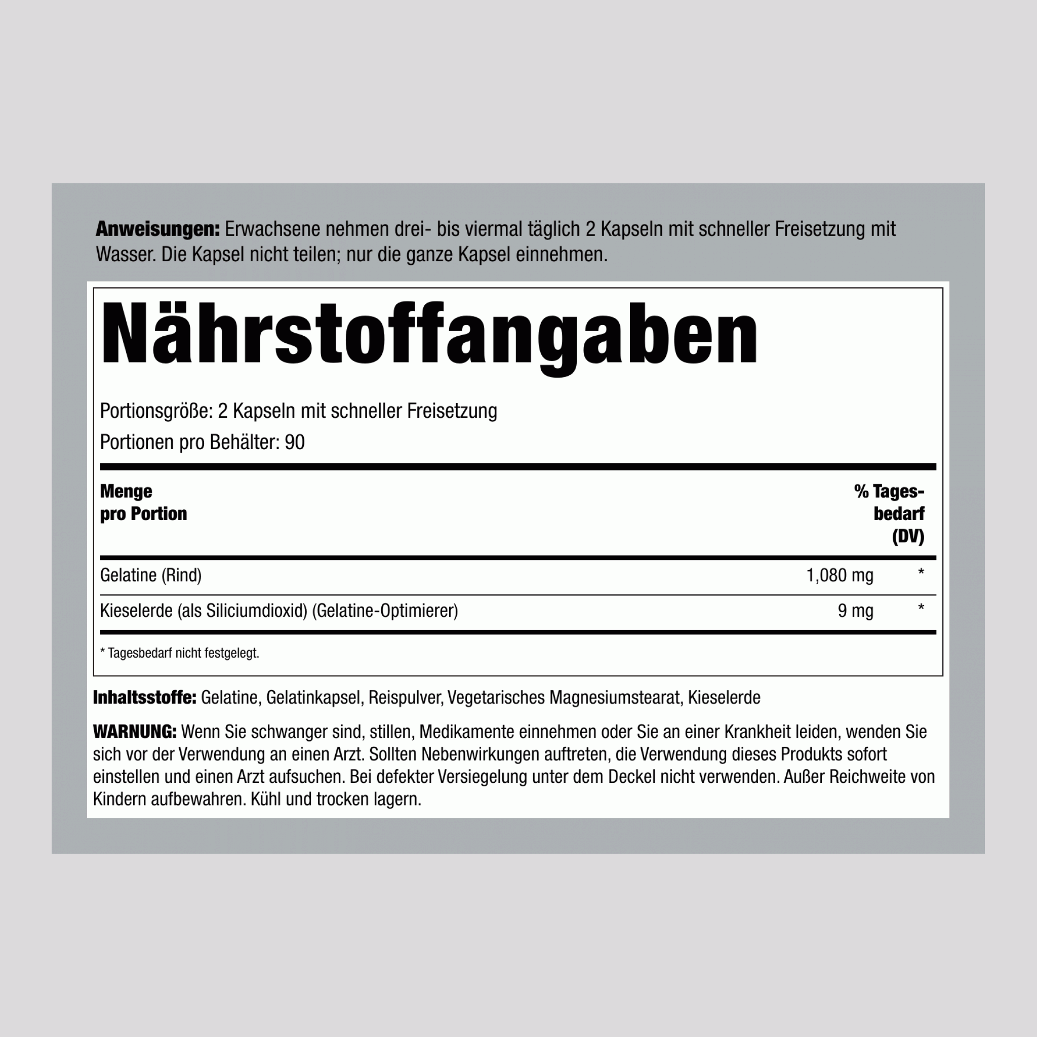 Gelatine (Rind) plus Silica Optimizer, 2.160 mg (pro Portion), 250 Kapseln zur schnellen Freisetzung
