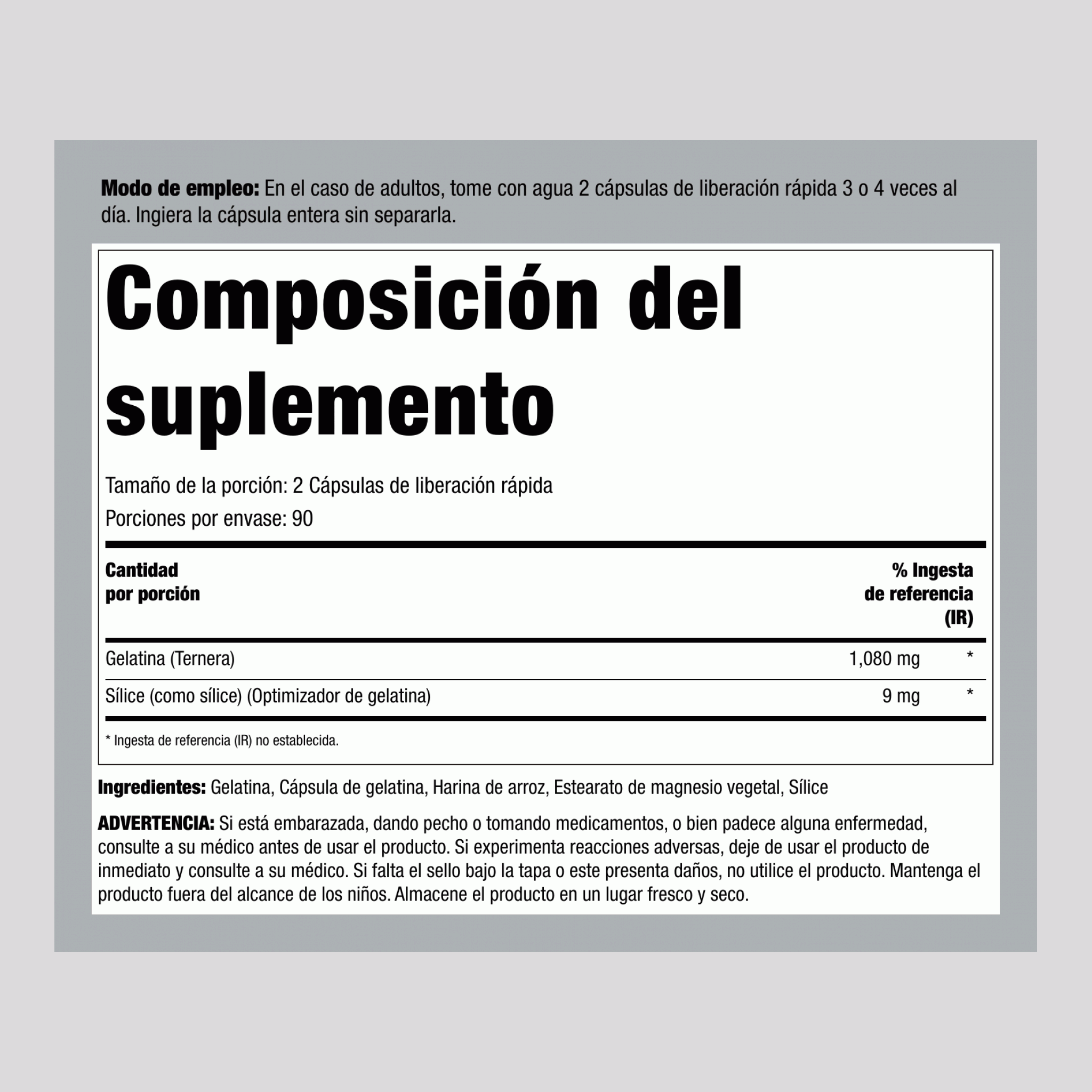 Gelatina (de Res) más Optimizador de Sílice, 2,160 mg (por porción), 250 Cápsulas de Liberación Rápida