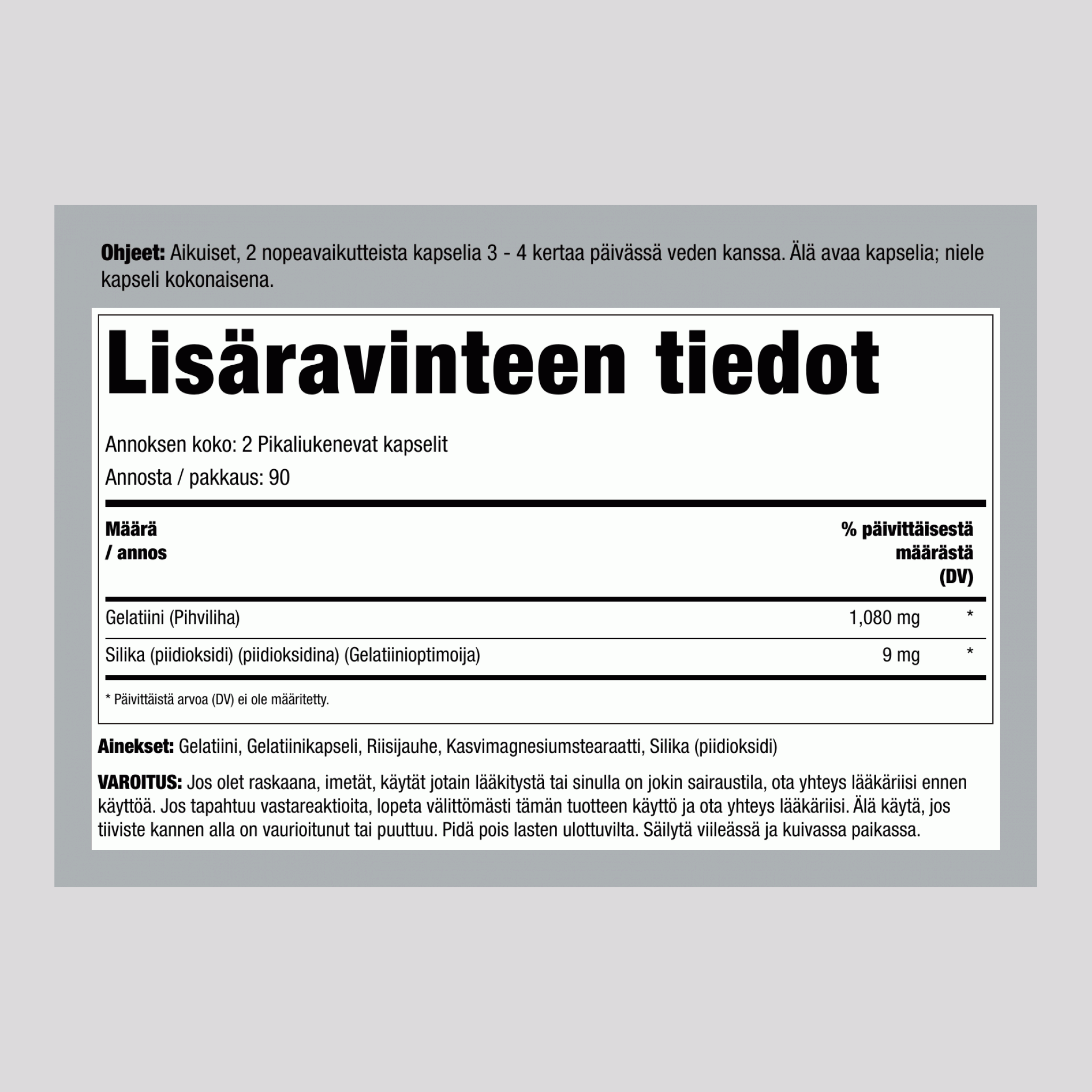 Gelatiini (naudanliha) ja piidioksidi, 2 160 mg (annosta kohden), 250 pikalukitteista kapselia