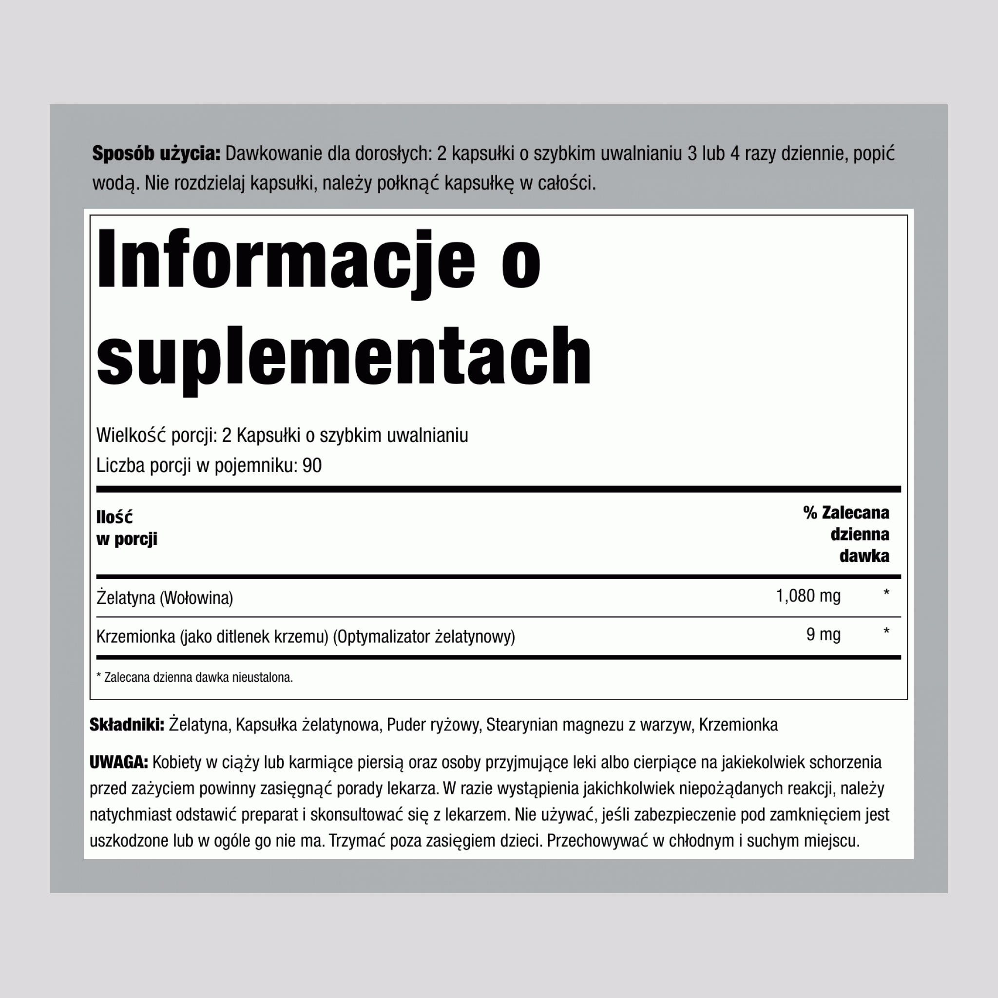 Żelatyna (wołowa) plus optymalizator krzemu, 2160 mg (na porcję), 250 kapsułek szybkiego uwalniania