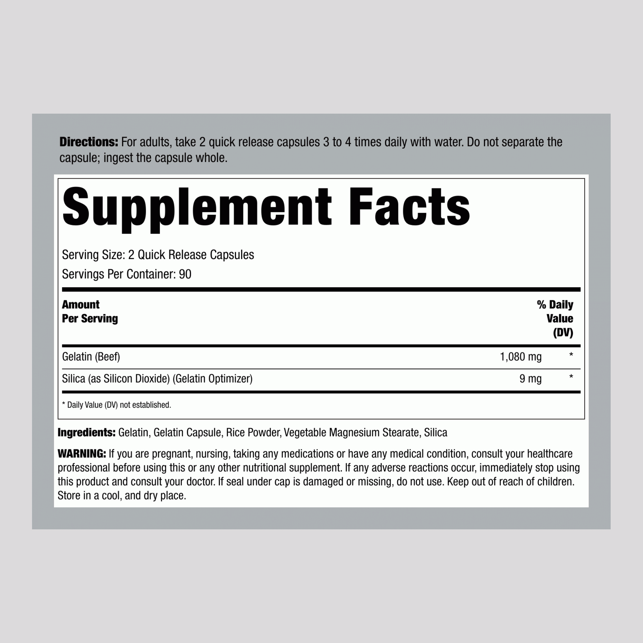 明膠（牛肉）加二氧化矽優化劑，每份 2,160 毫克，250 粒速釋膠囊