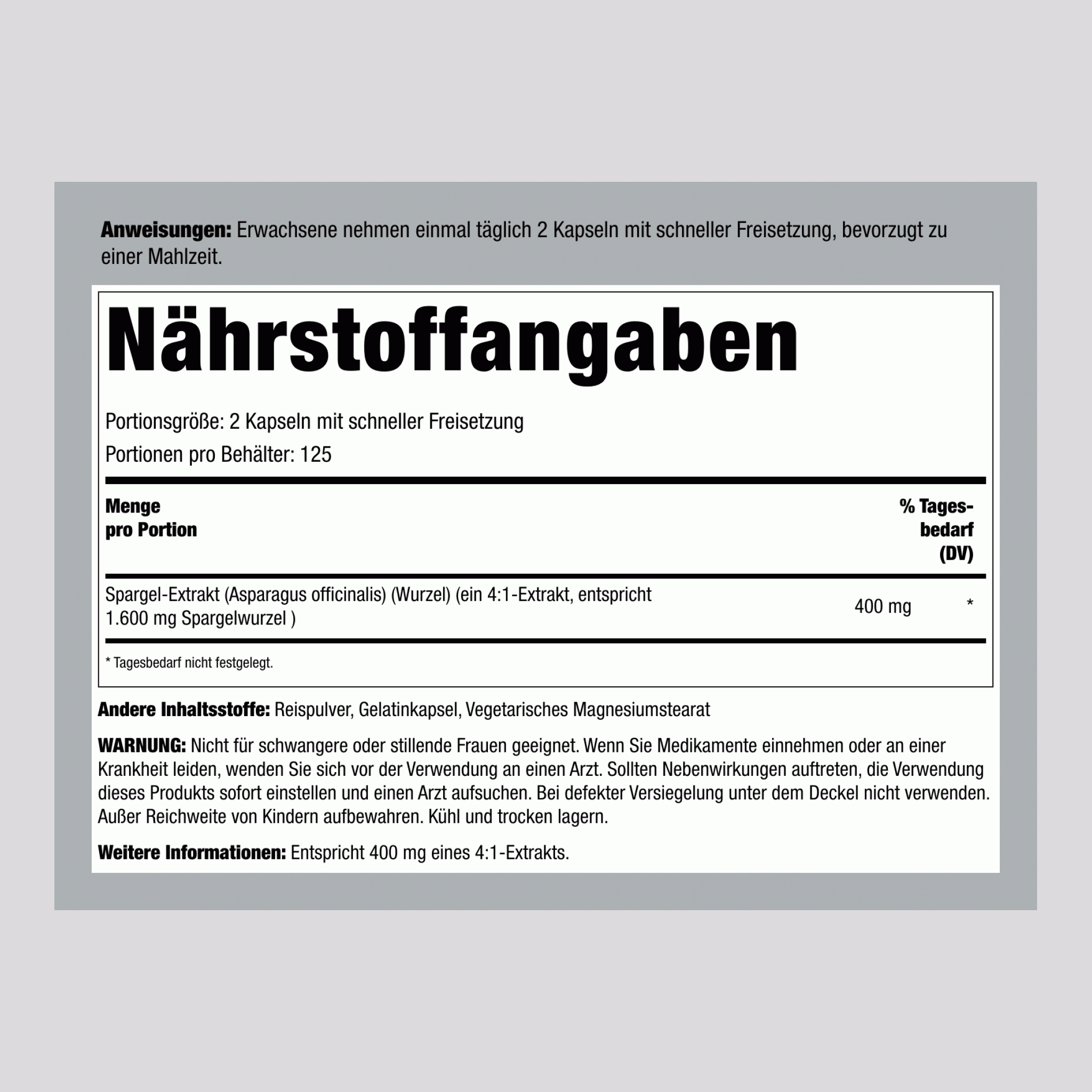 Spargel, 1600 mg (pro Portion), 250 Kapseln mit schneller Freisetzung