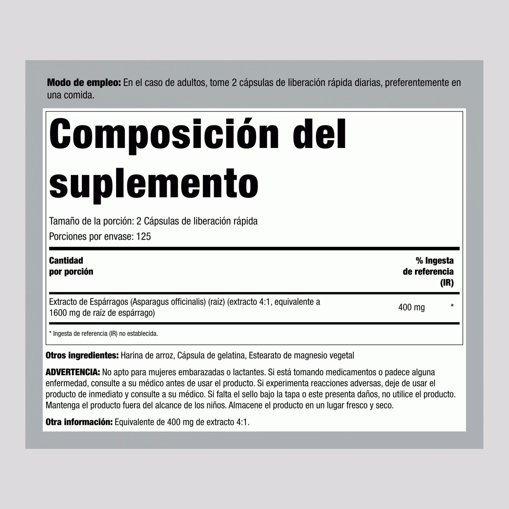 Espárragos, 1600 mg (por porción), 250 Cápsulas de Liberación Rápida