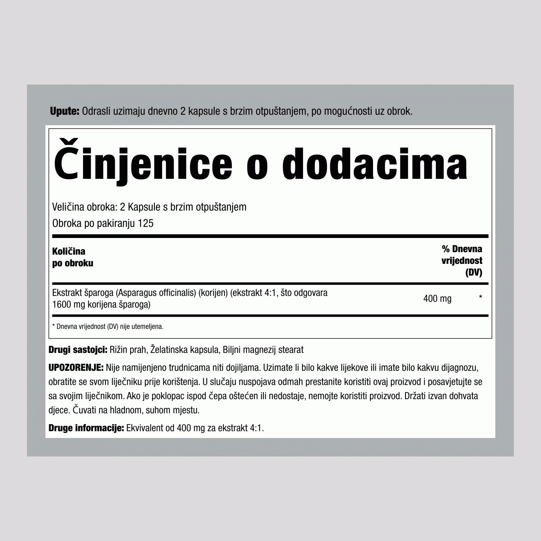 Šparoge, 1600 mg (po porciji), 250 kapsula s brzim otpuštanjem