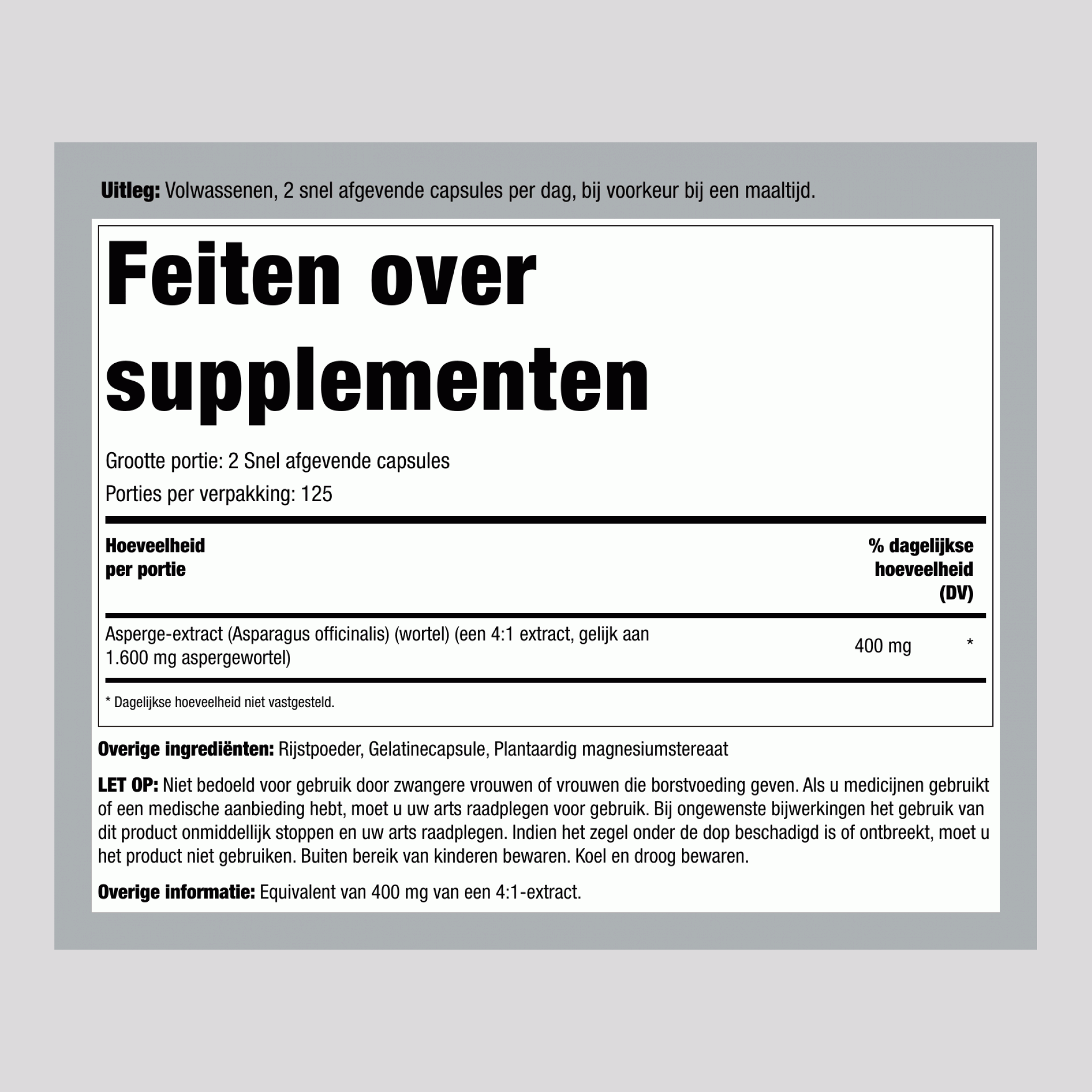 Asperge, 1600 mg (per portie), 250 Snel Vrijgevende Capsules