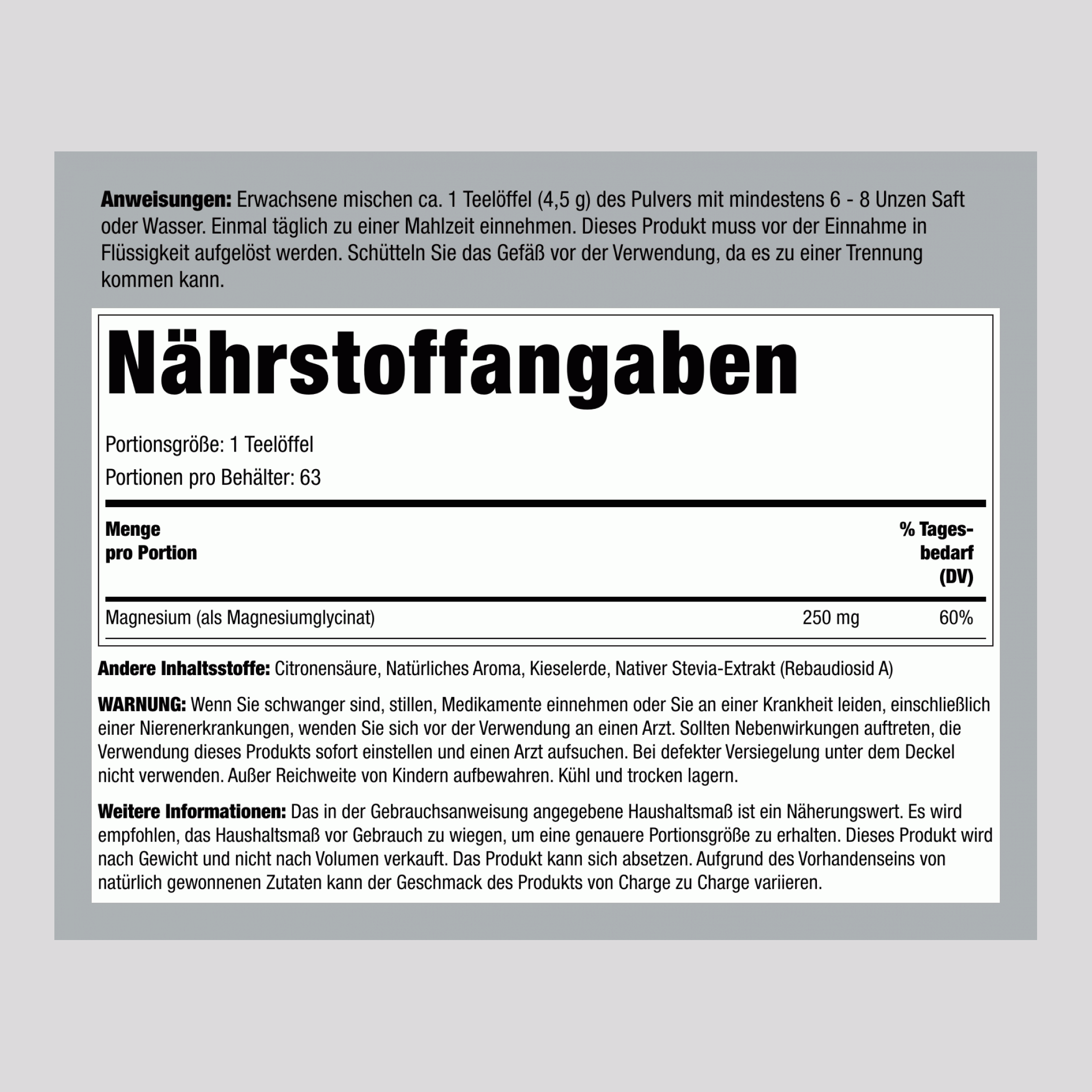 Magnesiumglycinat Pulver (Zitrone), 454 g Flasche