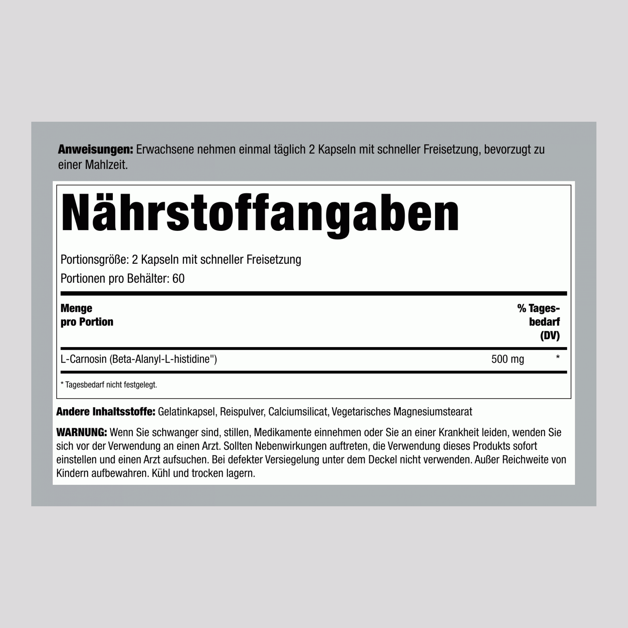 L-Carnosine, 500 mg (per serving), 120 Capsules