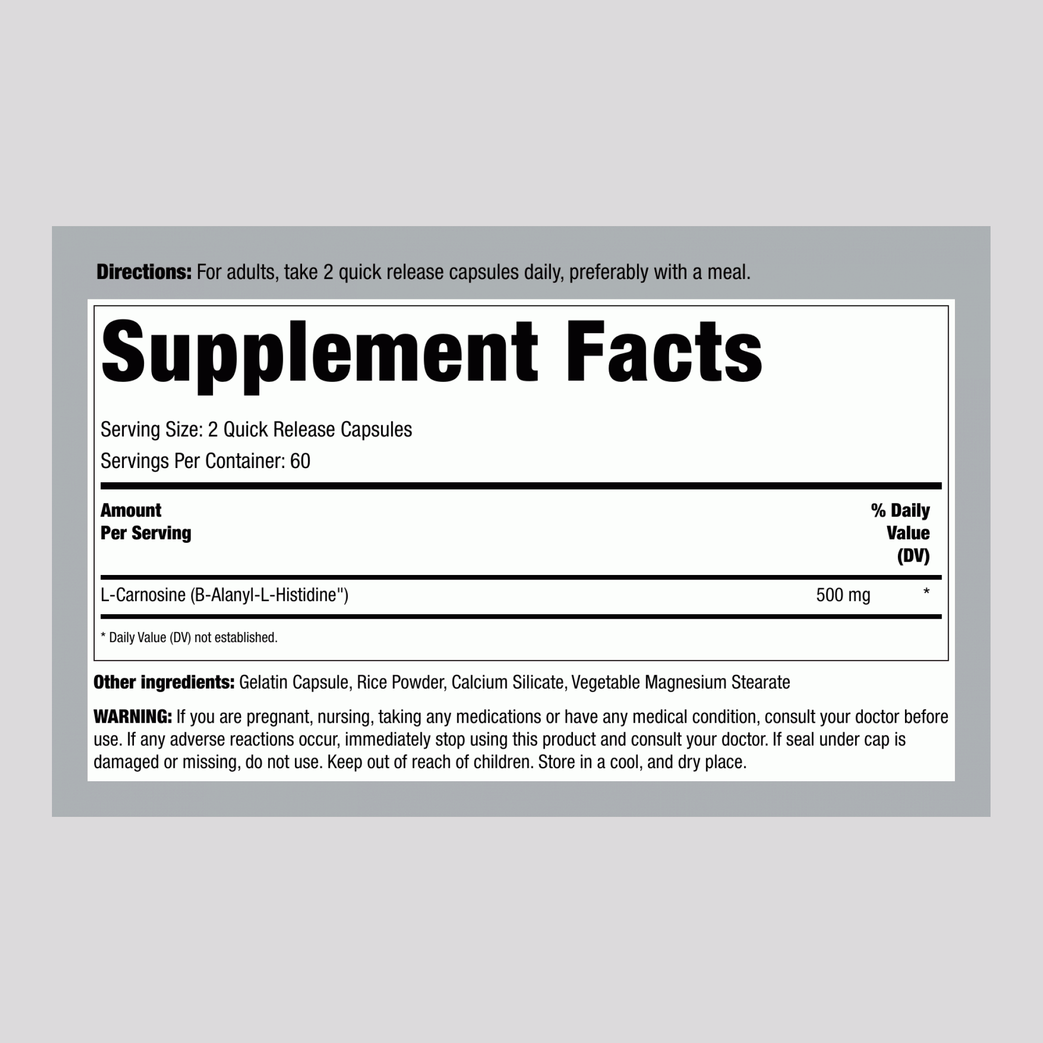 L-Carnosine, 500 mg (per serving), 120 Capsules