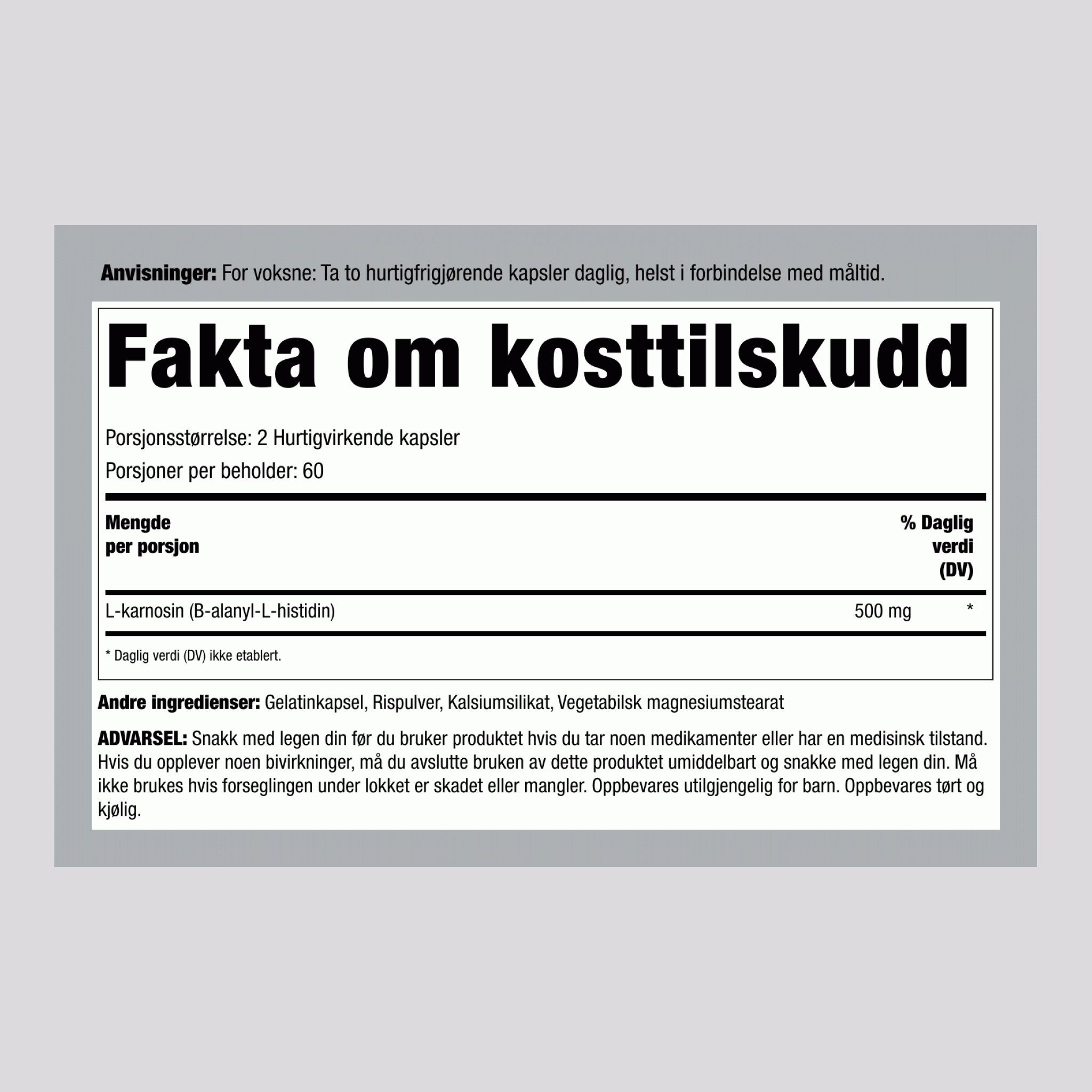 L-Carnosine, 500 mg (per serving), 120 Capsules