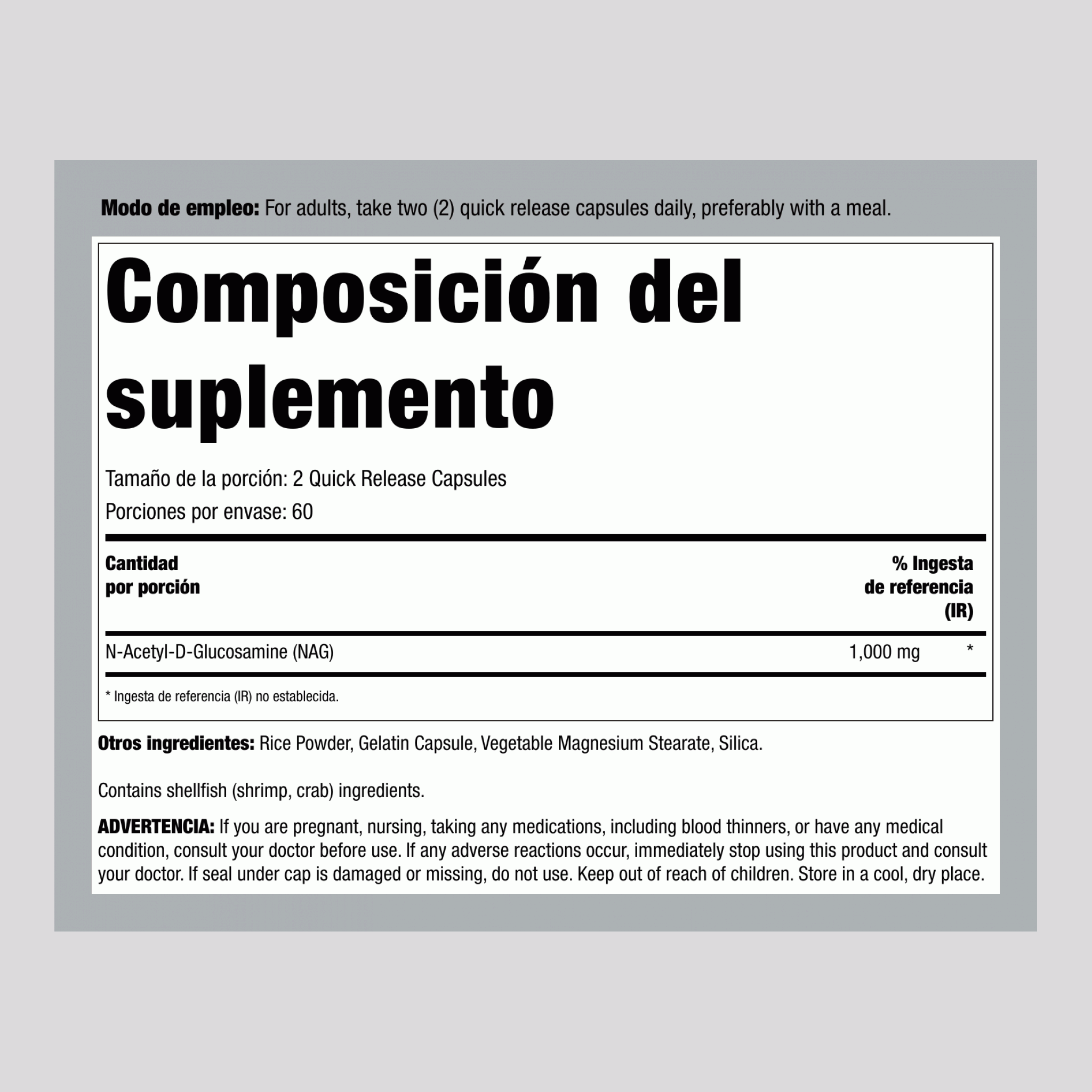 N-A-G (N-Acetil Glucosamina), 1000 mg (por porción), 120 Cápsulas