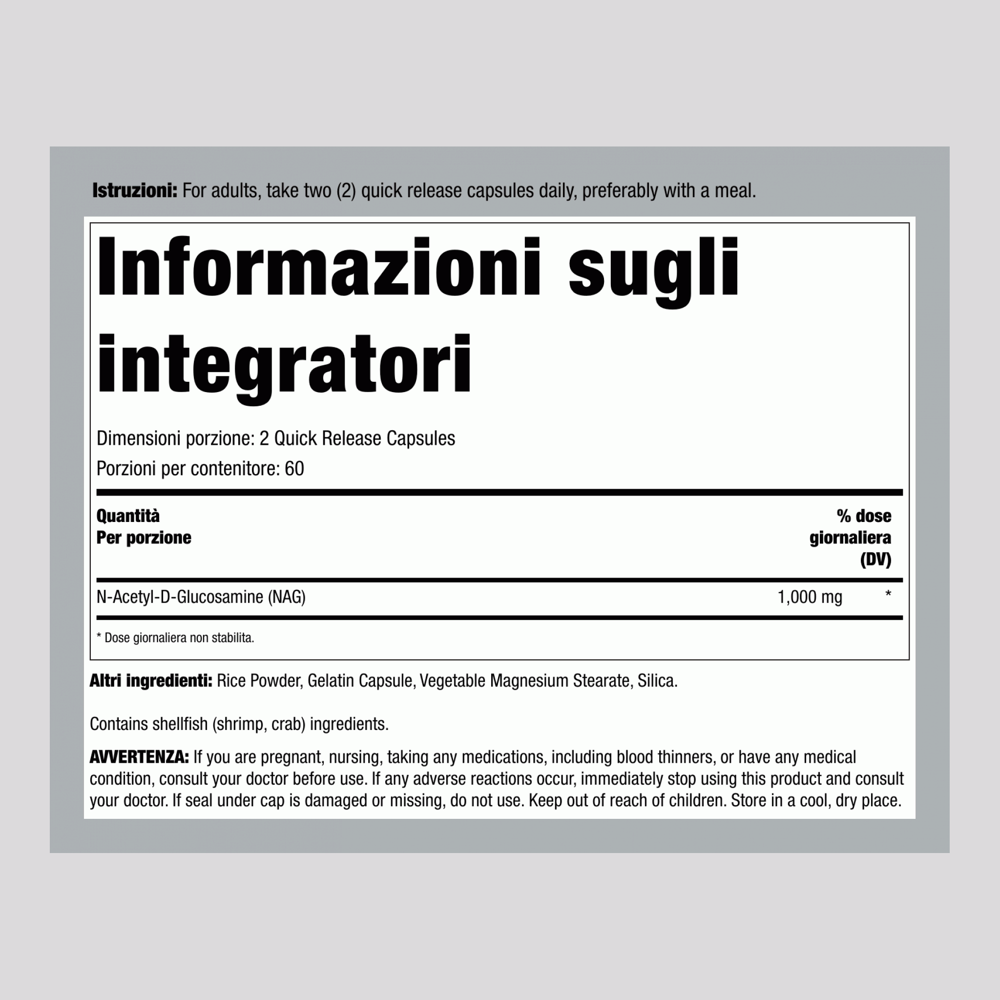 N-A-G (N-Acetil Glucosamina), 1000 mg (per porzione), 120 Capsule