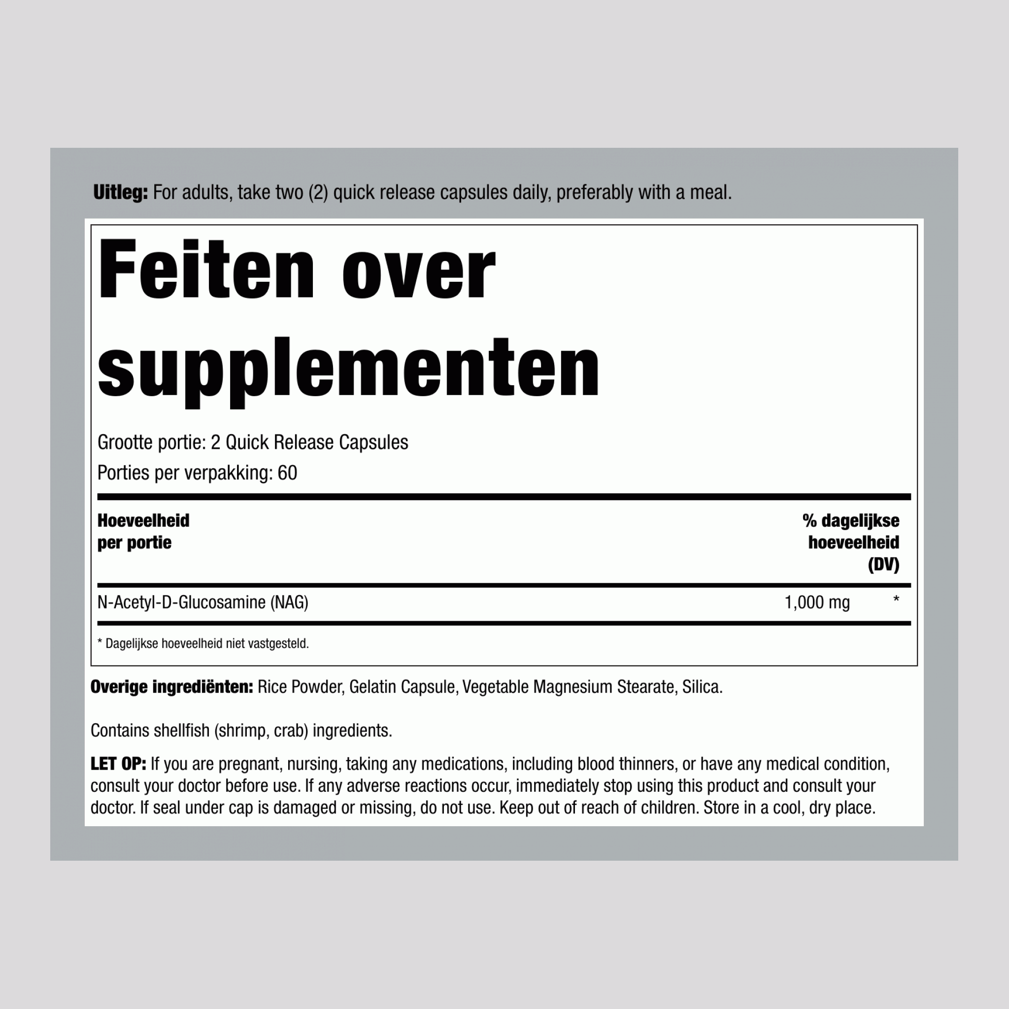 N-A-G (N-Acetyl Glucosamine), 1000 mg (per portie), 120 capsules