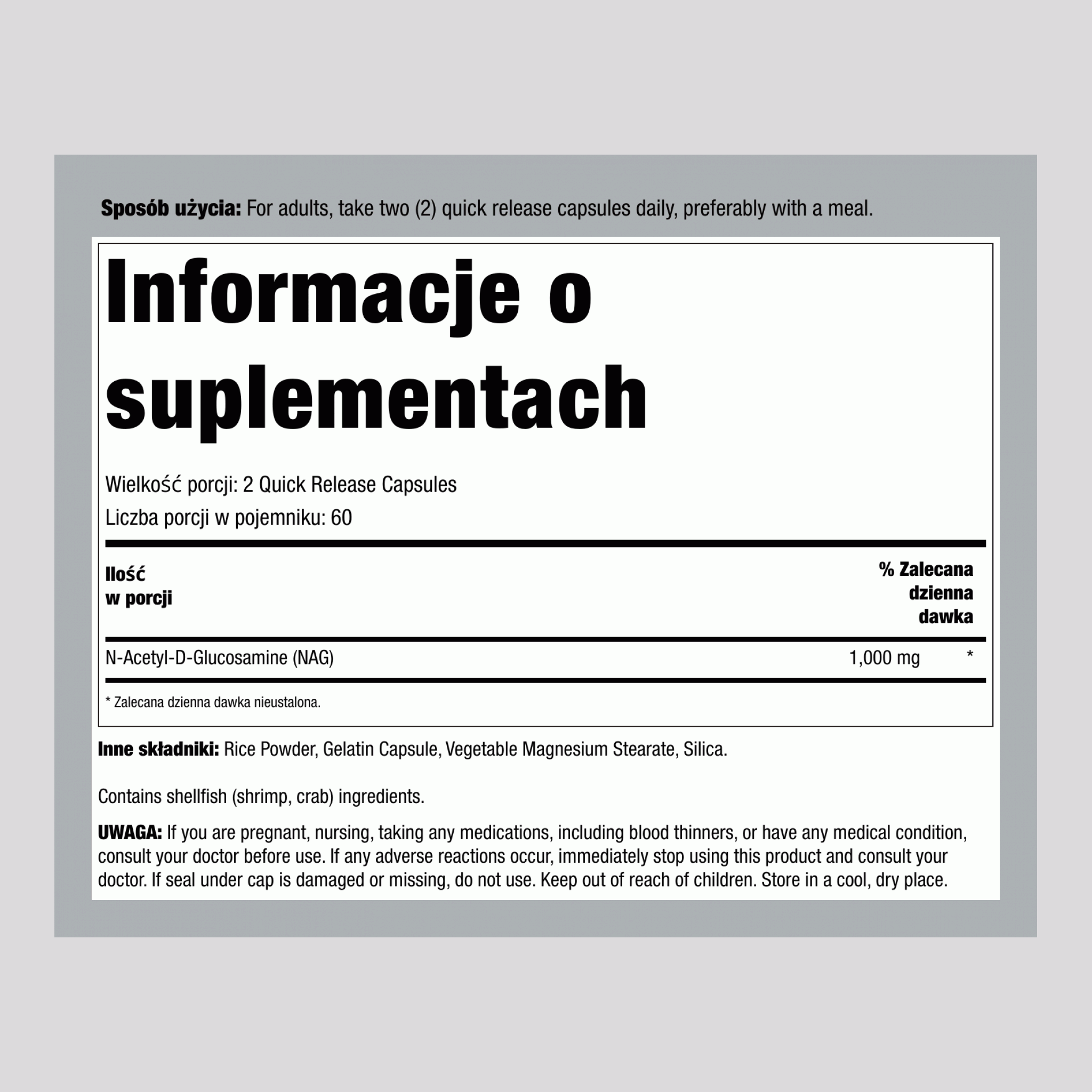 N-A-G (N-acetyloglukozamina), 1000 mg (na porcję), 120 kapsułek