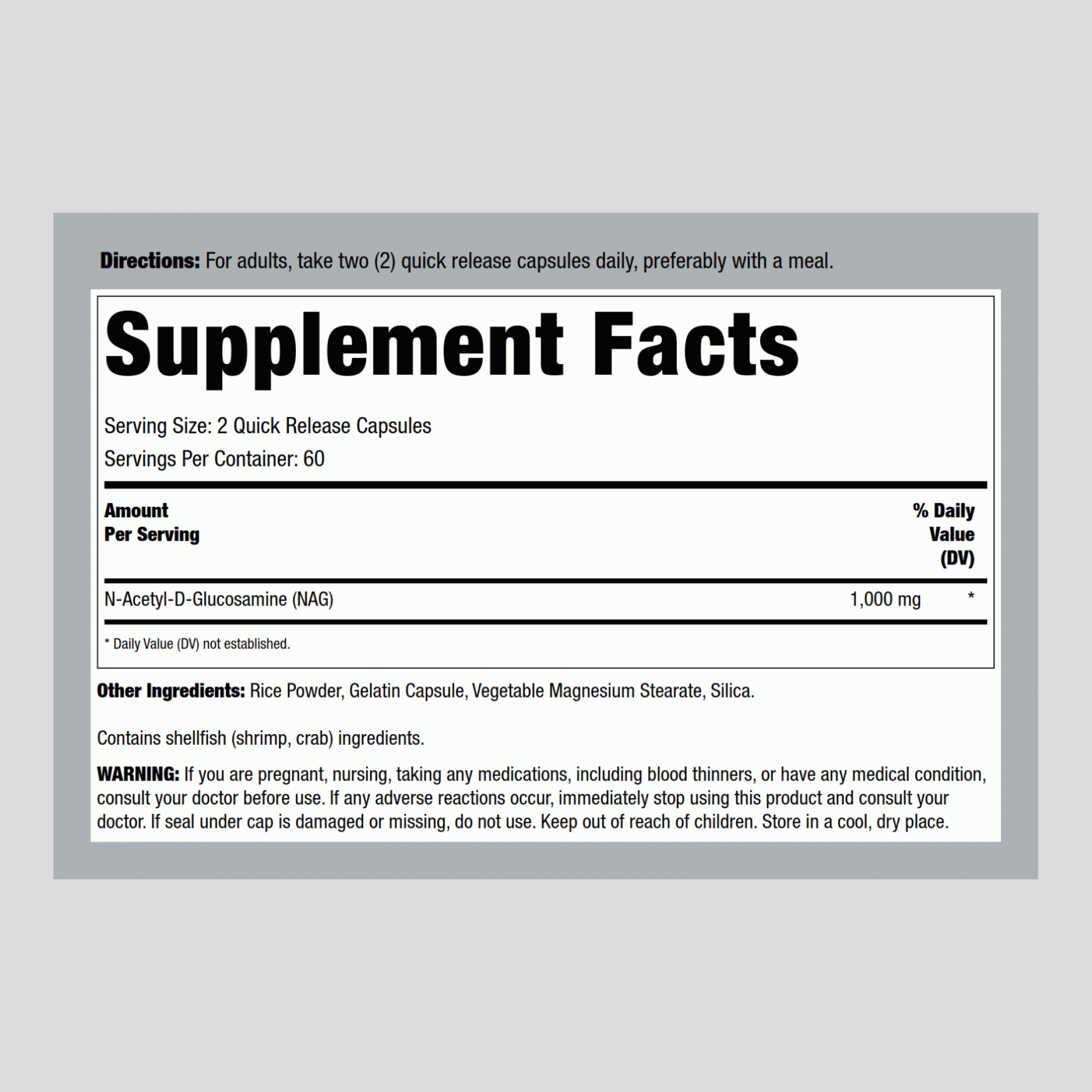 N-A-G ( N-Acetyl Glucosamine), 1000 mg (per serving), 120 Capsules