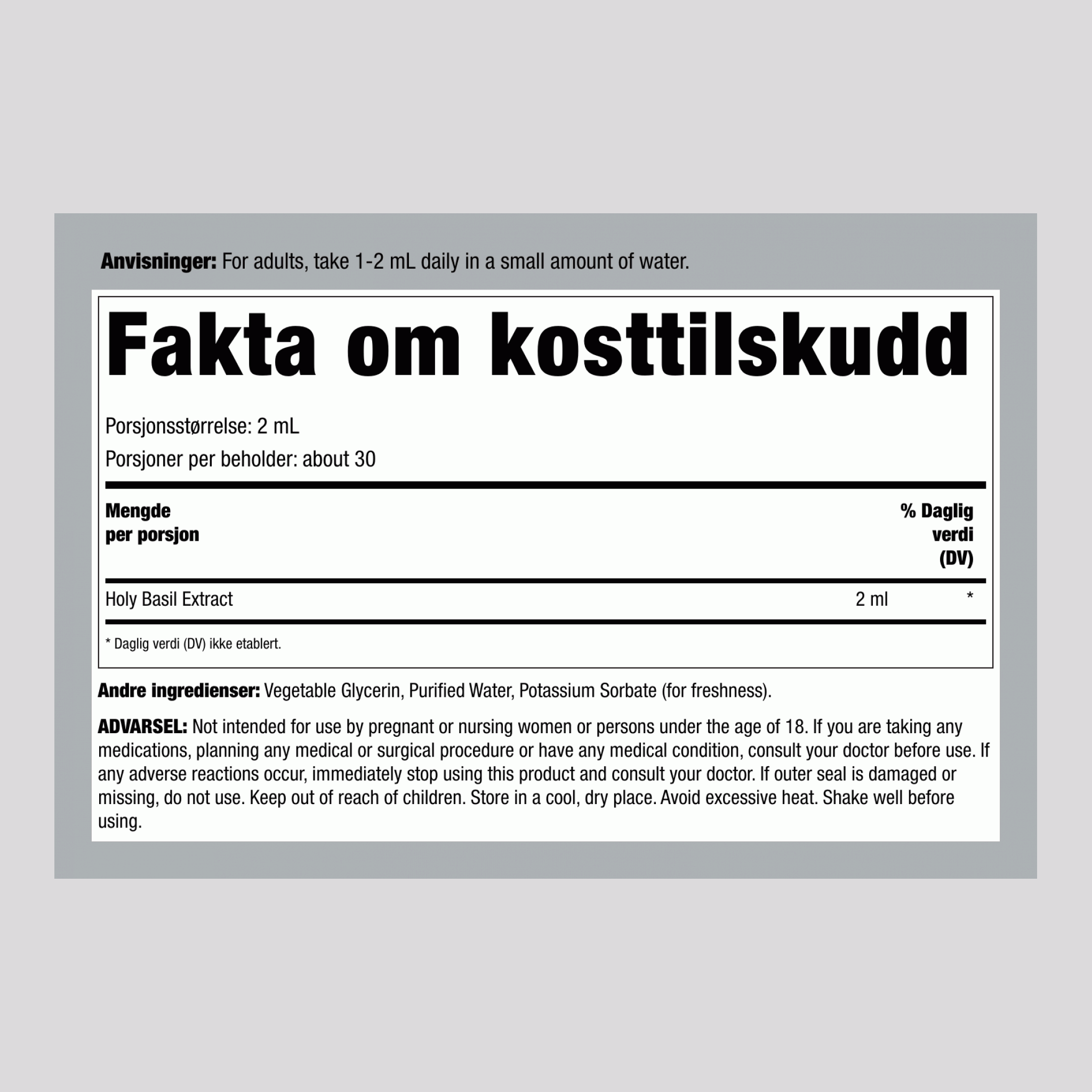 Flytende utdrag av hellig basilikum uten alkohol, 59 ml dråpeflaske