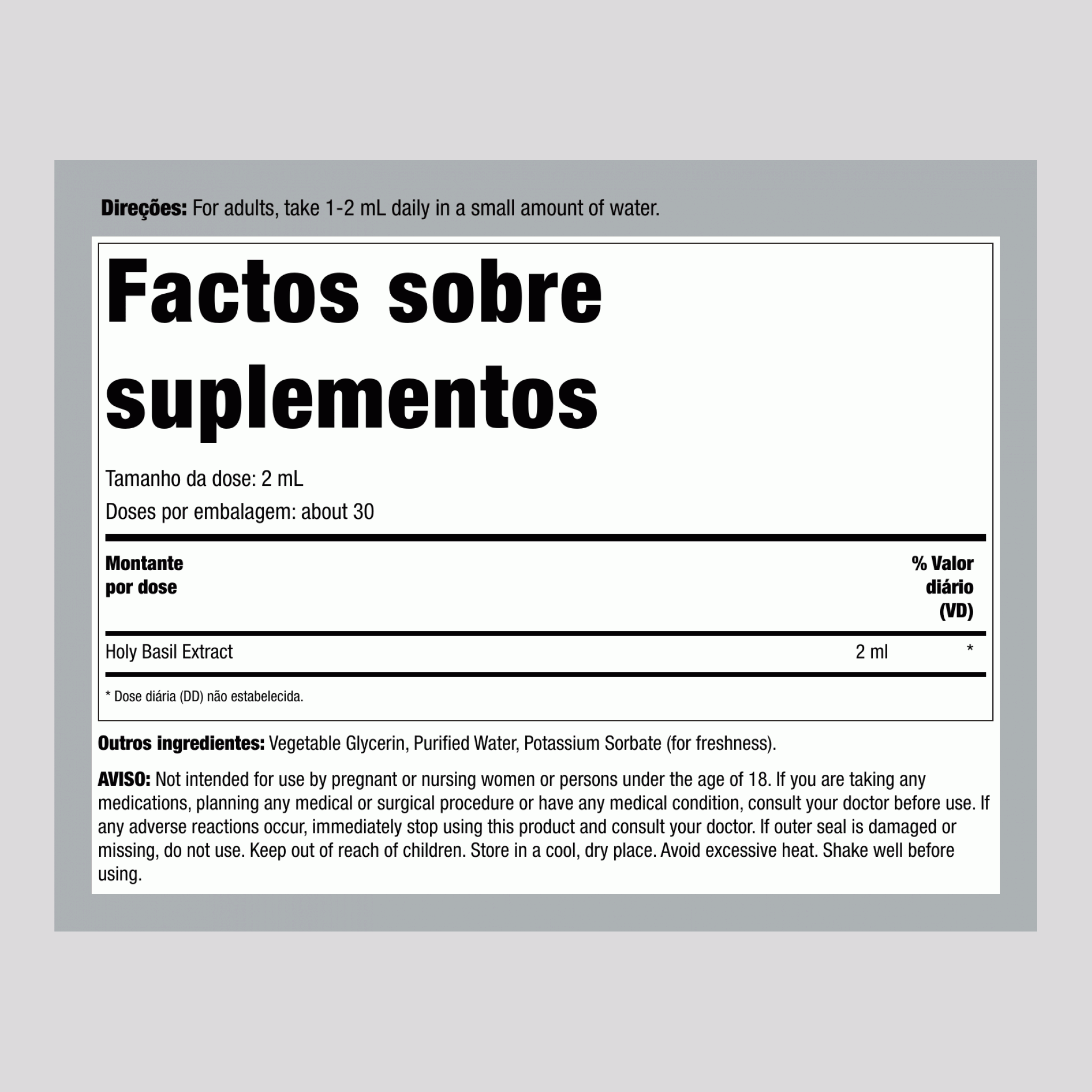 Extrato Líquido de Manjericão Sagrado Sem Álcool, Frasco com Conta-gotas de 59 mL (2 fl oz)