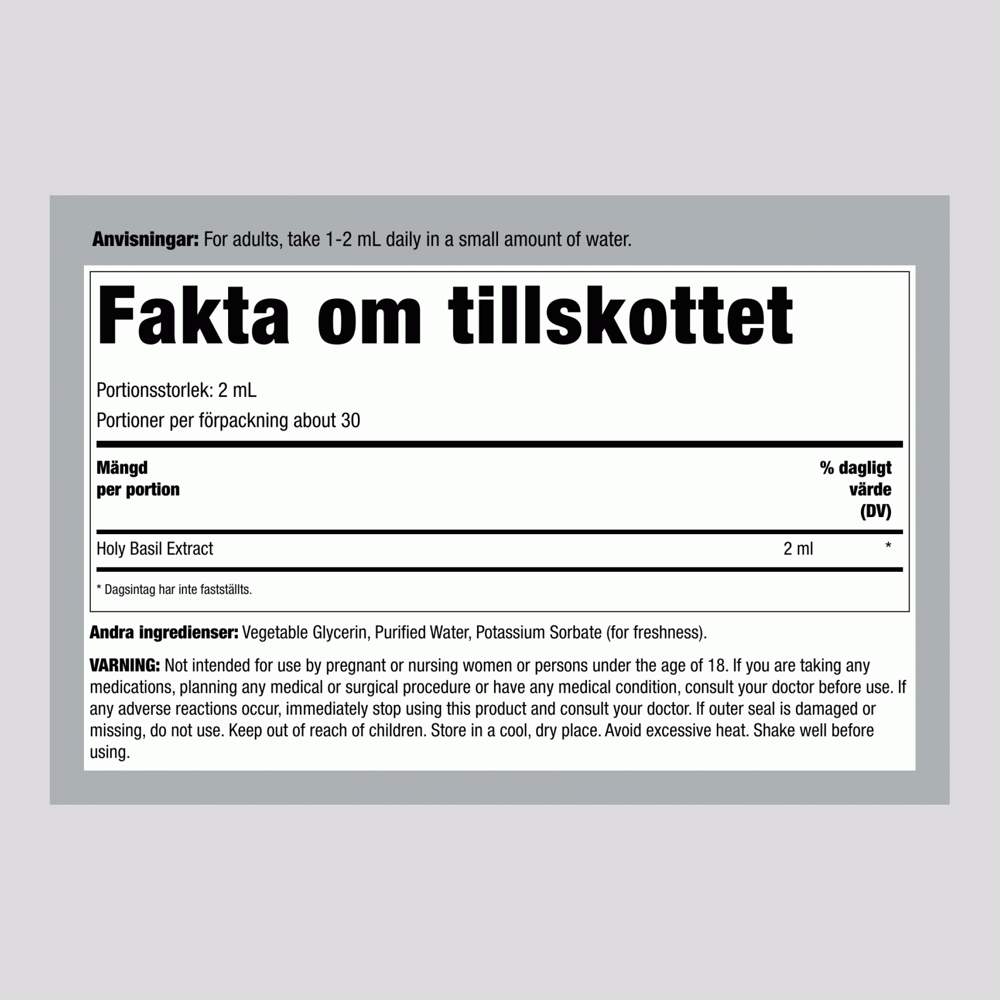 Helig basilikavätskeextrakt utan alkohol, 59 ml droppflaska