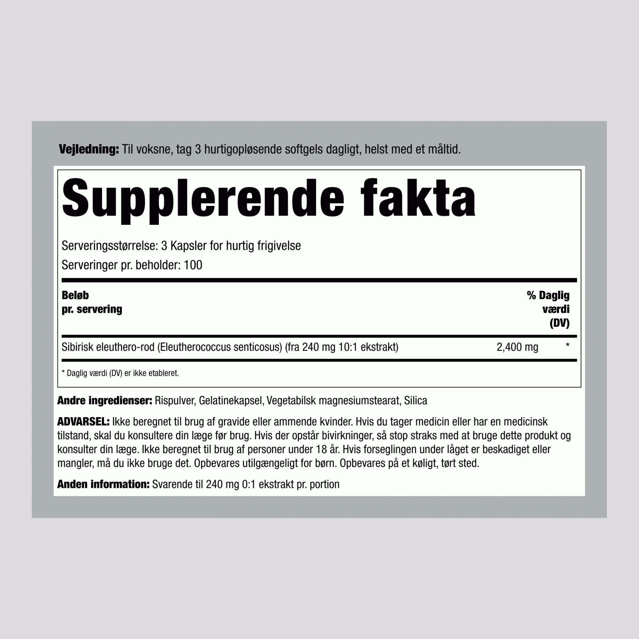 Sibirisk Eleuthero, 2400 mg (pr. portion), 300 hurtigfrigivelseskapsler