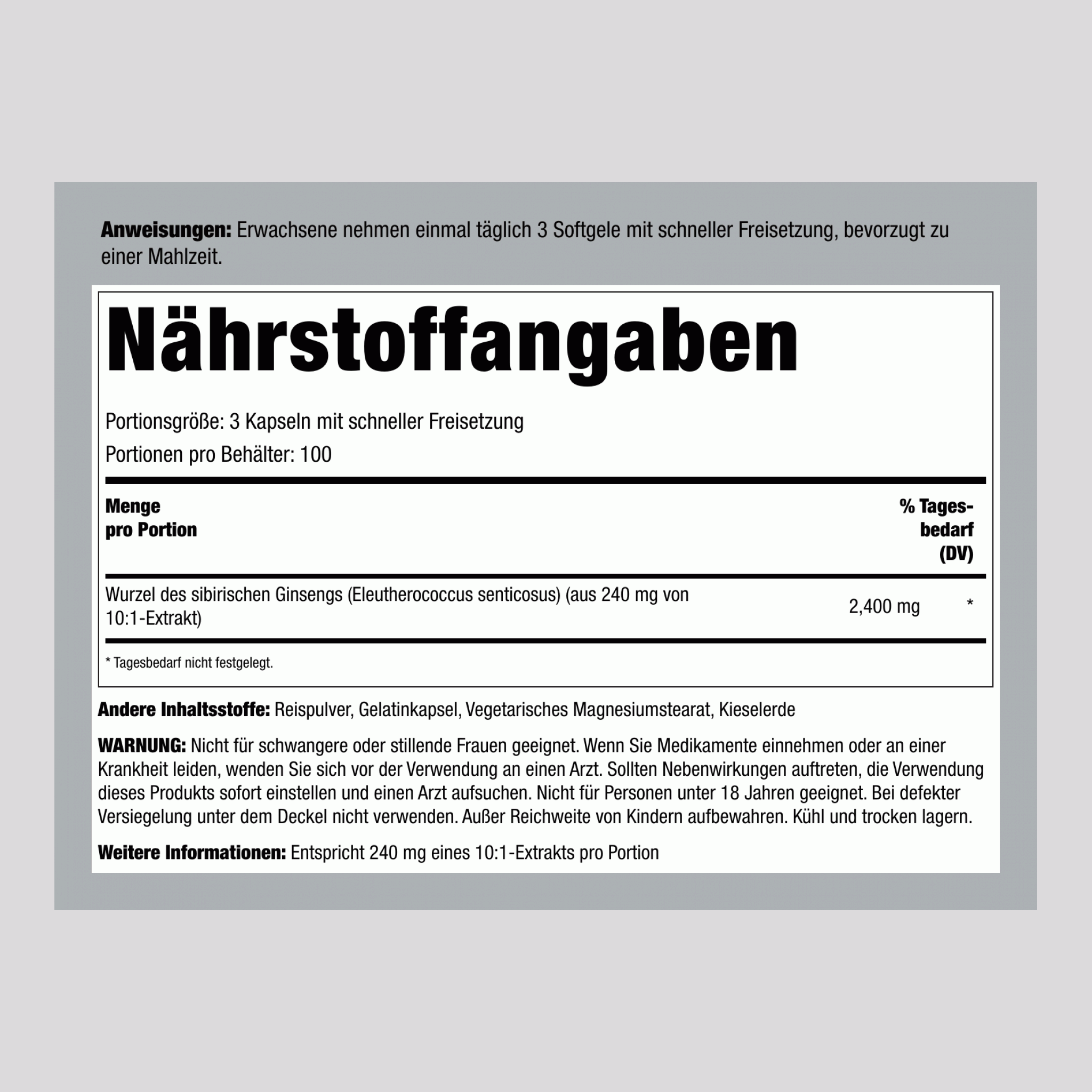 Sibirischer Eleuthero, 2400 mg (pro Portion), 300 Kapseln mit schneller Freisetzung