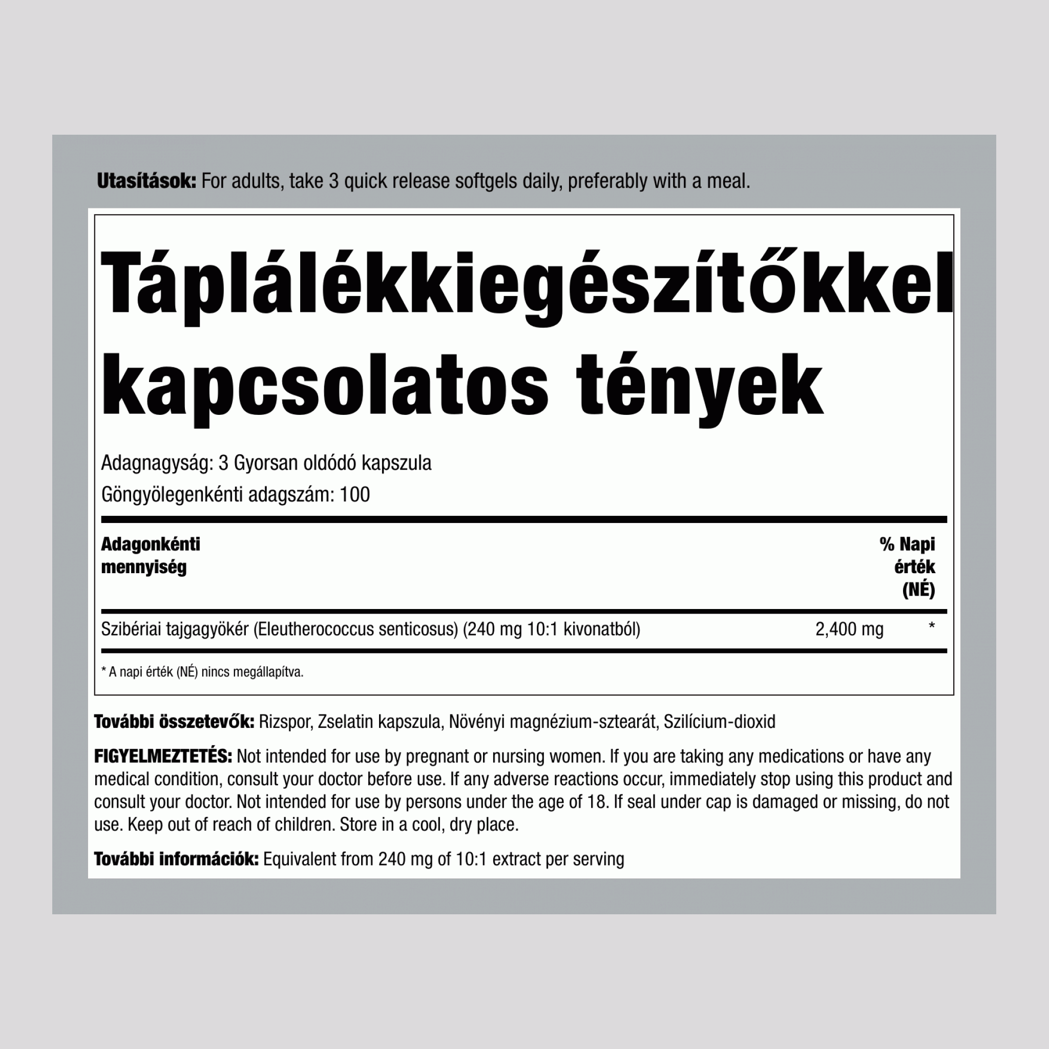 Sibériai Eleuthero, 2400 mg (adagonként), 300 gyorsan oldódó kapszula