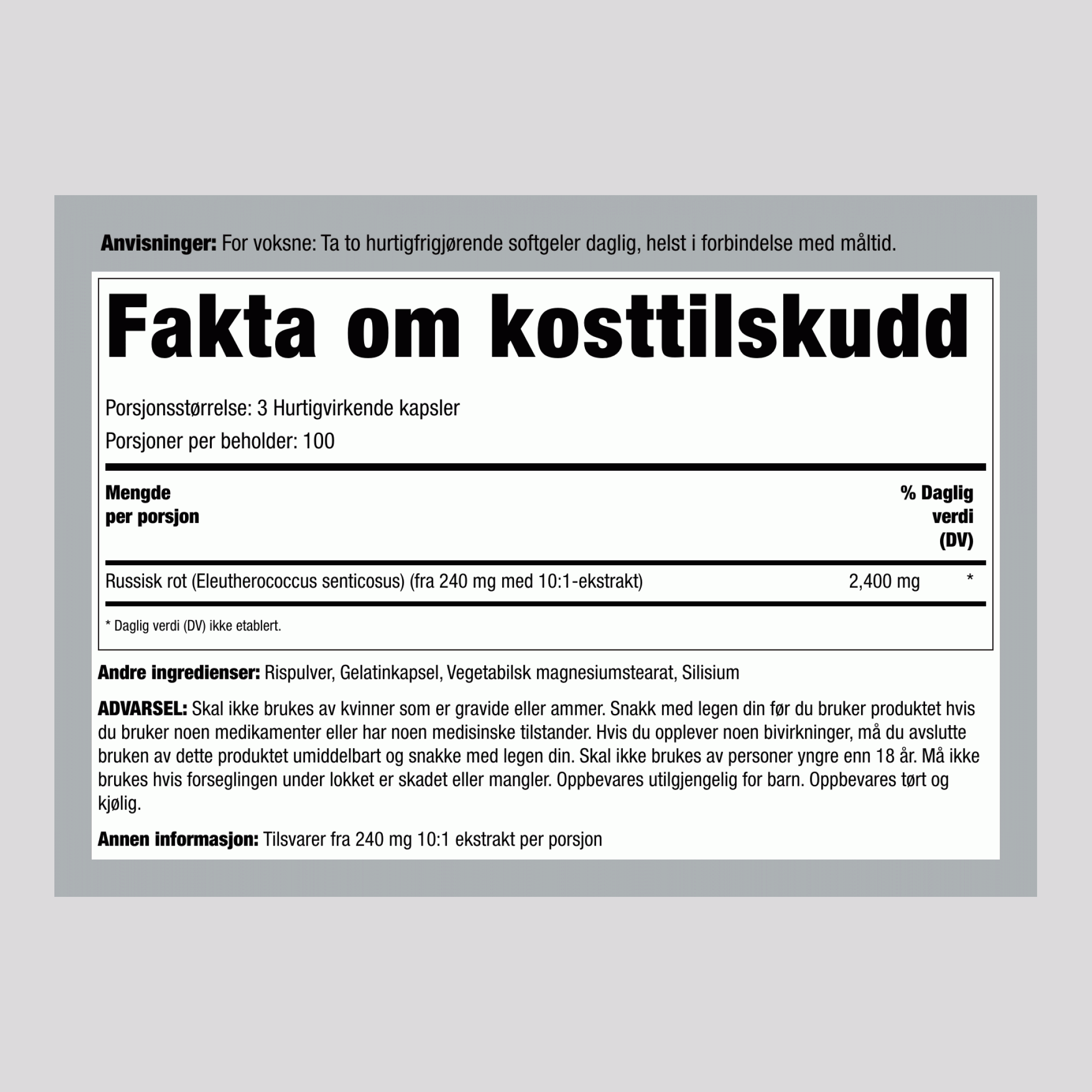 Sibirsk Eleuthero, 2400 mg (per porsjon), 300 Hurtigutløsende Kapsler