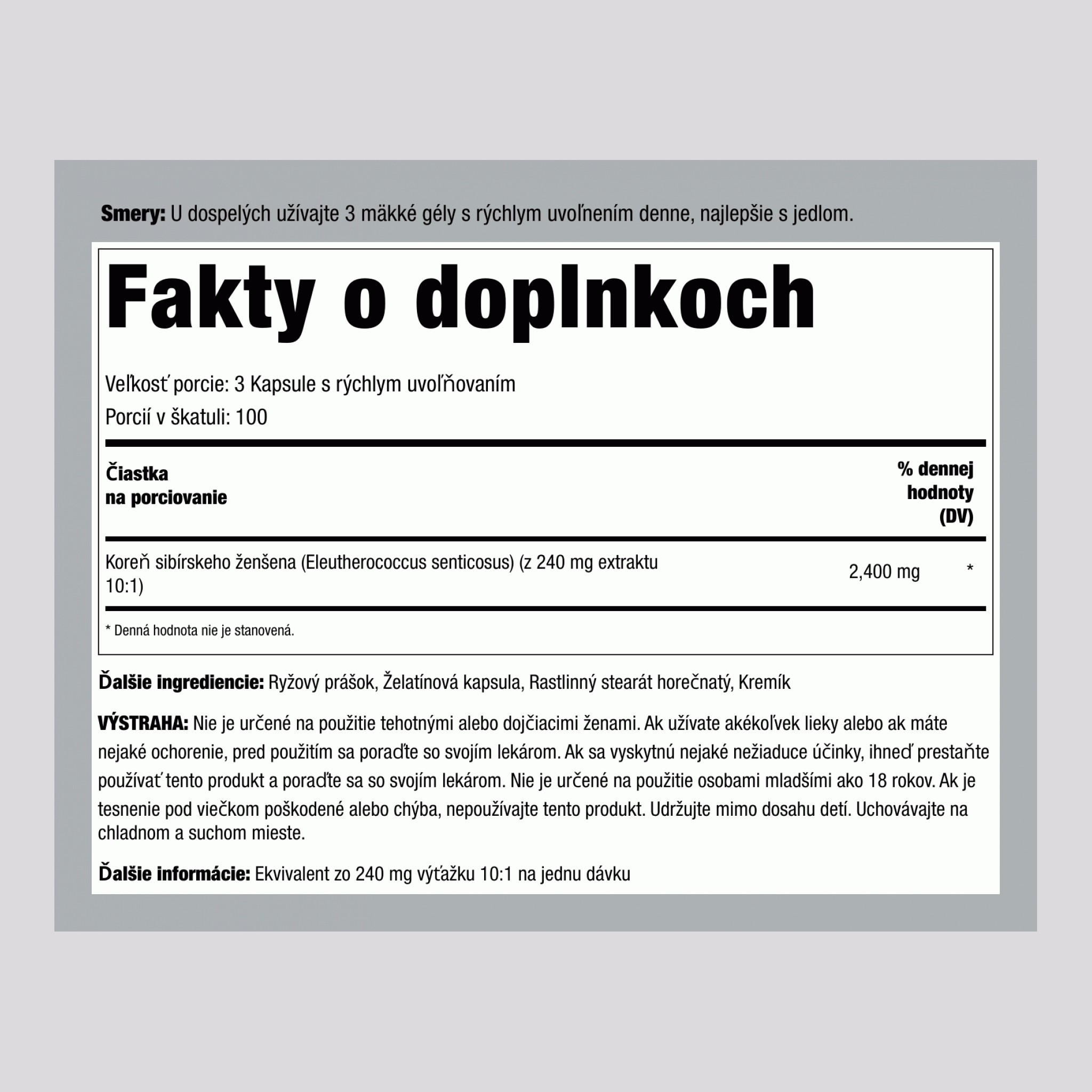 Sibírsky eleuterokok, 2400 mg (na porciu), 300 kapsúl s rýchlym uvoľňovaním