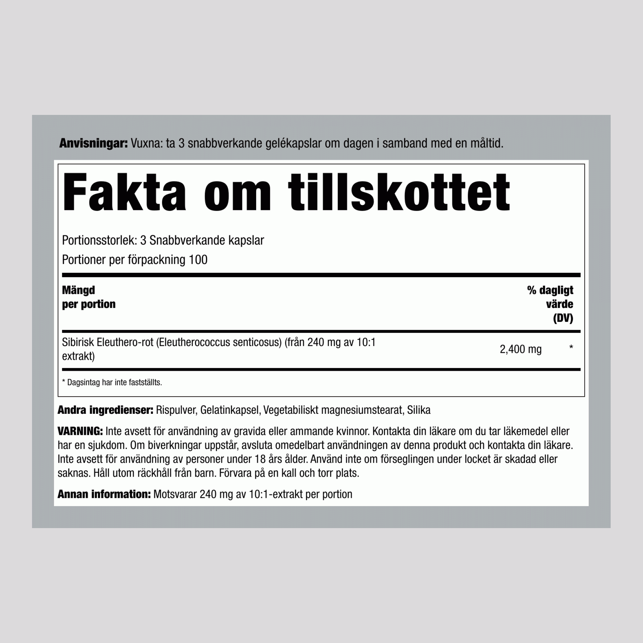 Sibirisk Eleuthero, 2400 mg (per portion), 300 Snabbfrigörande Kapslar