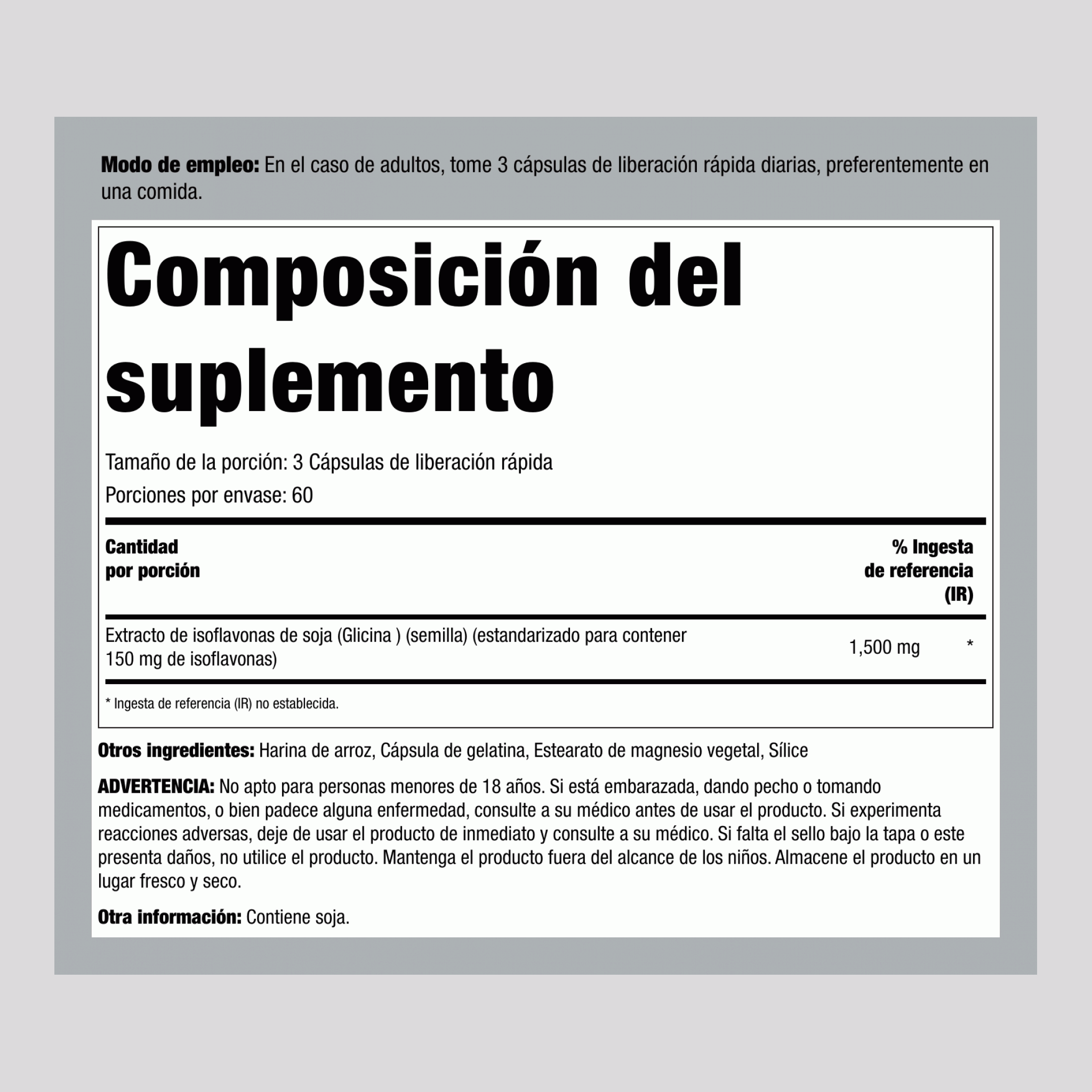 Extracto de Isoflavonas de Soja, 1500 mg (por porción), 200 Cápsulas de Liberación Rápida