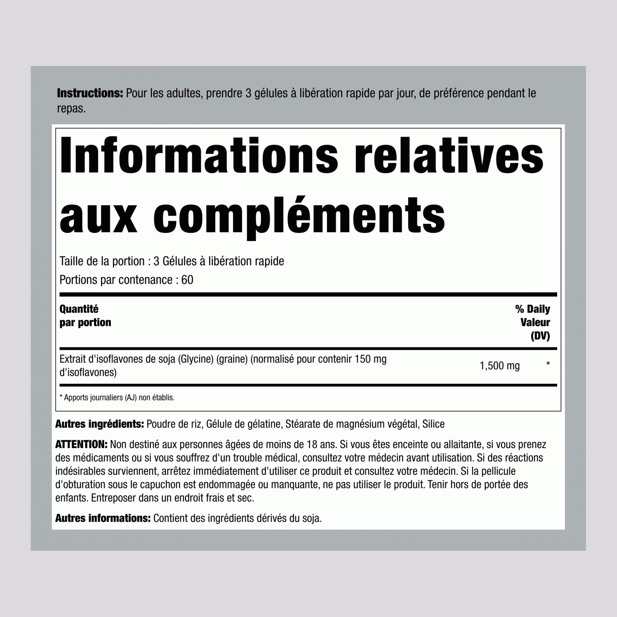 Extrait d'isoflavones de soja, 1500 mg (par portion), 200 capsules à libération rapide