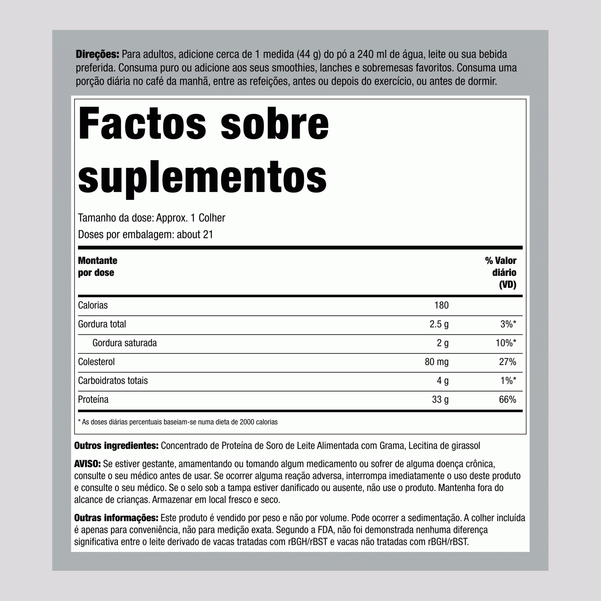Proteína de Soro de Leite GrassFed (Sem Sabor e Sem Açúcar), Frasco de 2 lb (907 g)
