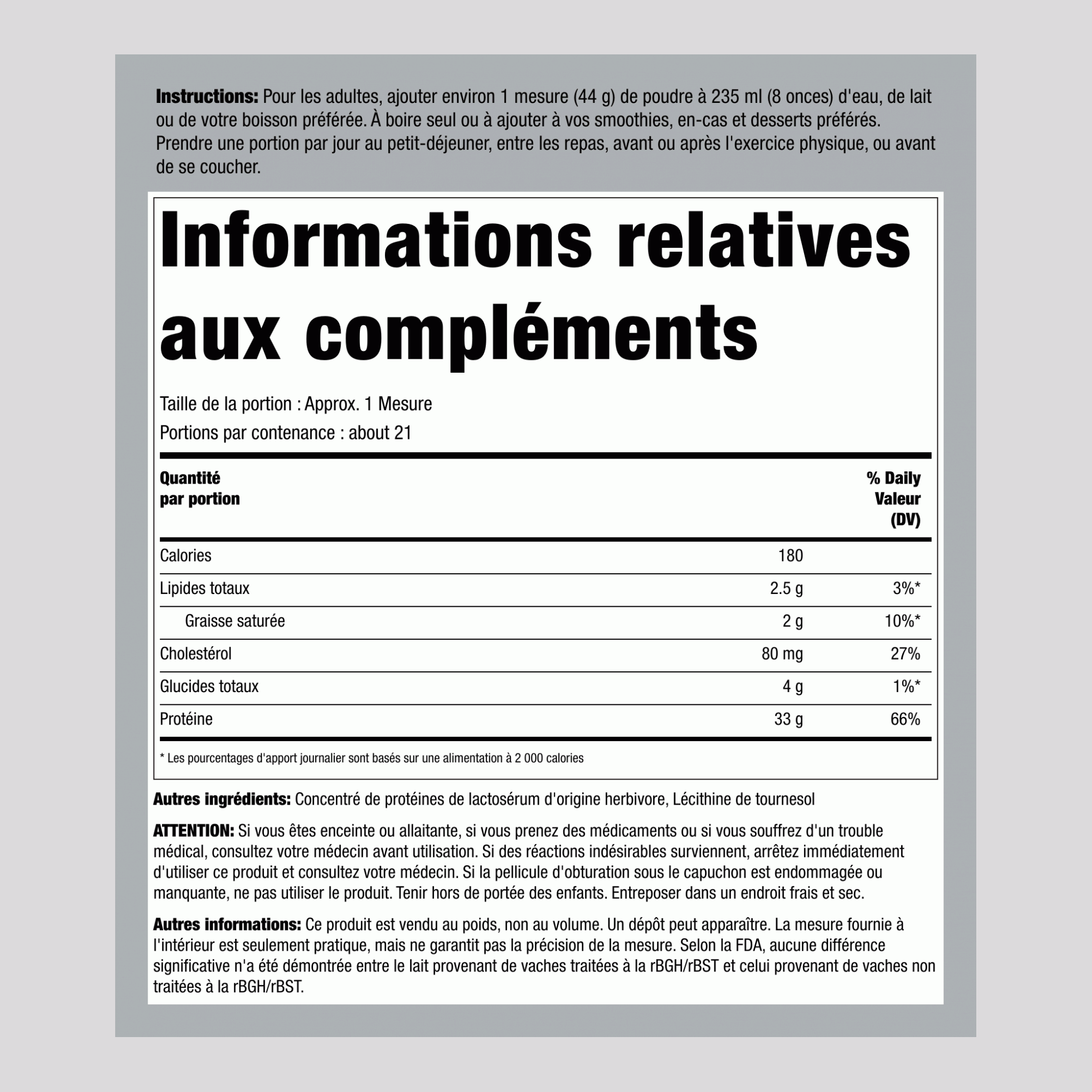 Protéine de Lactosérum Nourrie à l'Herbe (Non Aromatisée & Non Sucrée), Bouteille de 5 lb (2,26 kg)