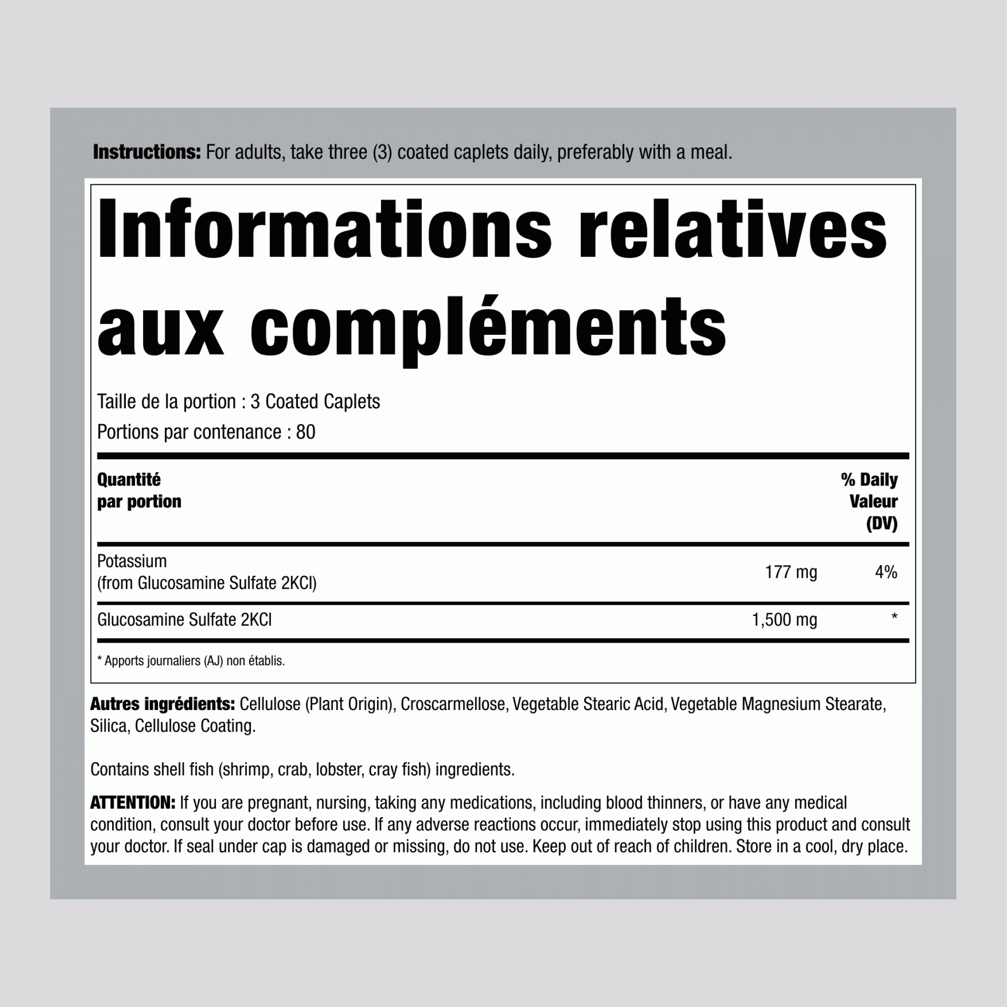 Sulfate de Glucosamine avec Potassium, 1500 mg (par portion), 240 Caplets Enrobés